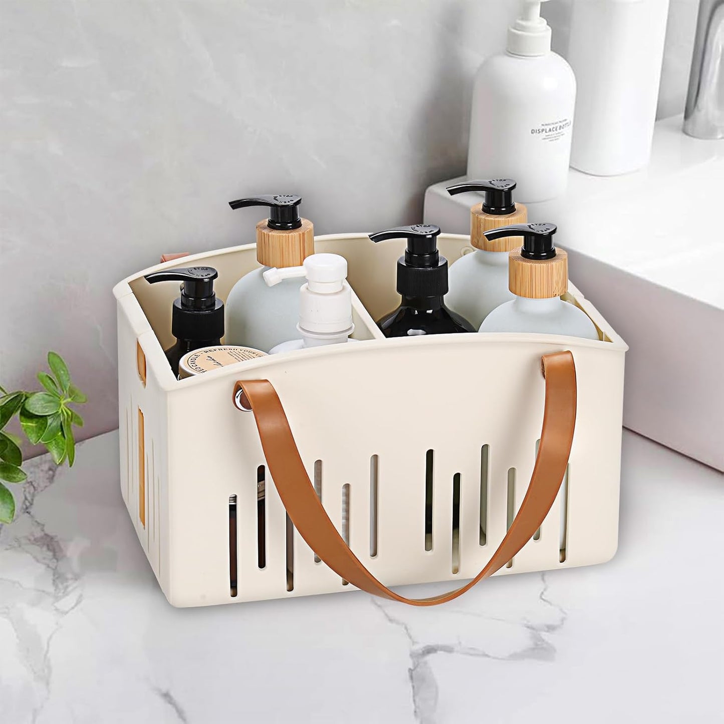 Portable Shower Caddy Collapsible Plastic Shower Basket Tote with Handles Removable Divider, Cleaning Caddy Storage Organizer for Bathroom College Dorm (White)