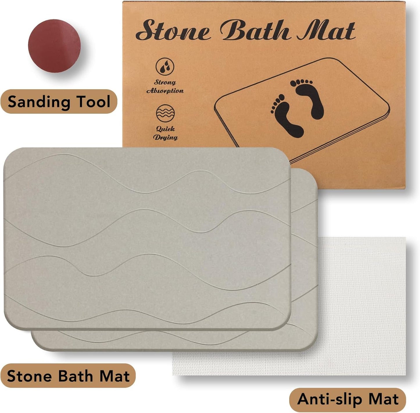 Stone Bath Mat, Diatomaceous Earth Shower Mat, Non-Slip Super Absorbent Quick Drying Bathroom Floor Mat, 2 Pack, Grey White