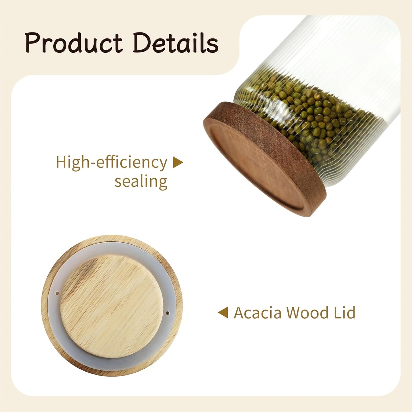 Ribbed Glass Storage Jars Set of 2 – Airtight Food Canisters with Wooden Lids, Stackable Kitchen Organizers for Coffee, Tea, Spices & Dry Goods (18.6oz)