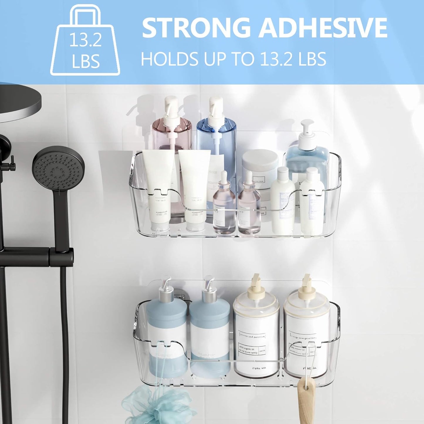 TZAMLI Acrylic Shower Caddy, Wall Mounted Adhesive Shelves with Lip, No Drilling Shower Organizer Clear Shelf for Bathroom Toilet Kitchen Storage, Large Long