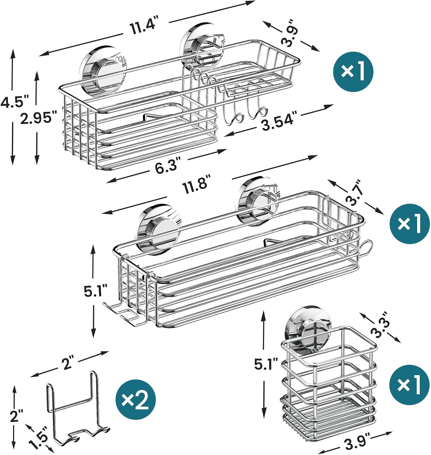 TAILI Shower Caddy Suction Cup, 3 Pack Shelves for Inside with Hooks & Soap holder Toothbrush Cups, Removable Bathroom Organizer, Rustproof Silver Holder Storage-Silver
