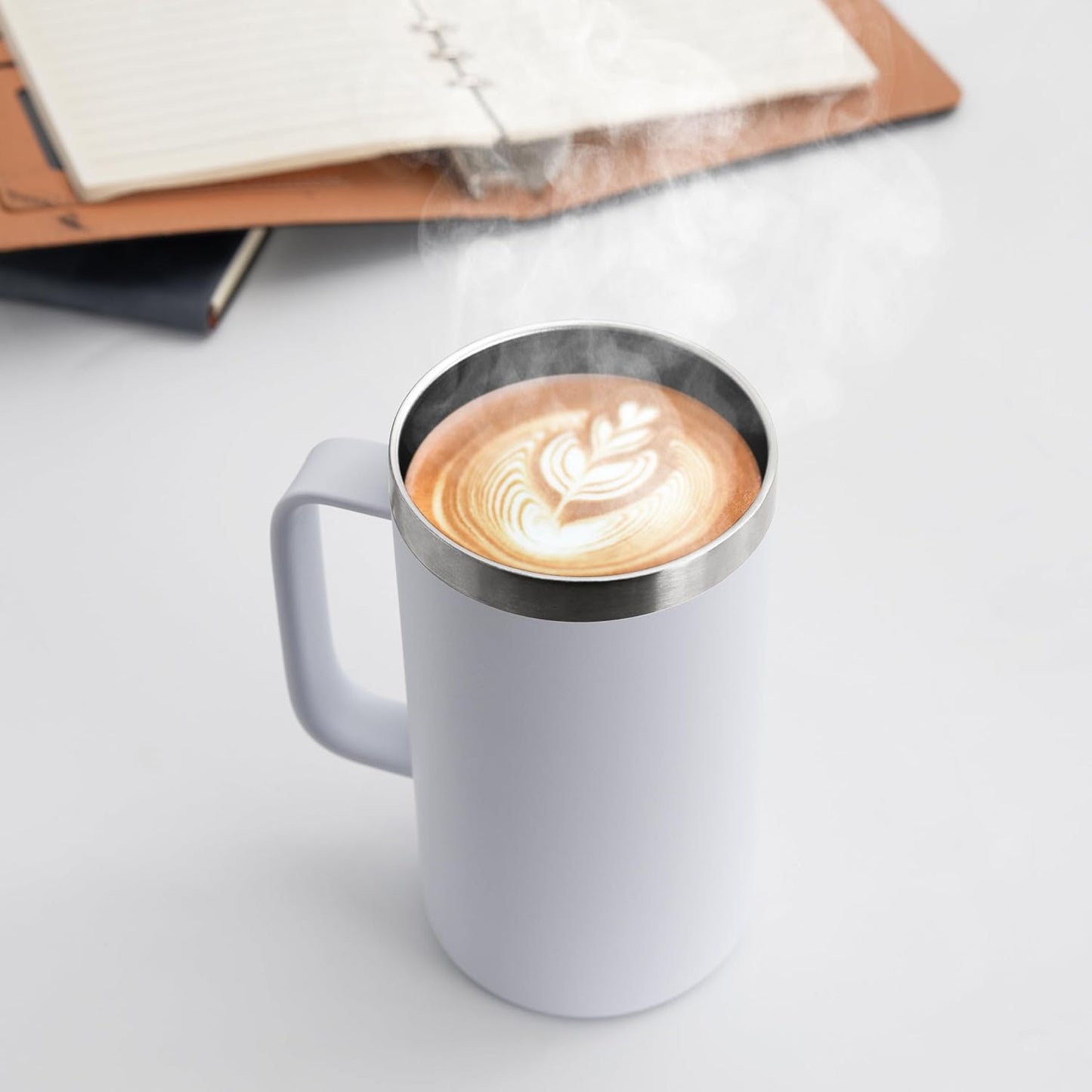 DOMICARE 24oz Mug with Handle and Lid, Stainless Steel Coffee Mug, Travel Mug with Handle, Double Wall Vacuum Coffee Tumbler, Reusable Insulated Cup, White, Pack 8