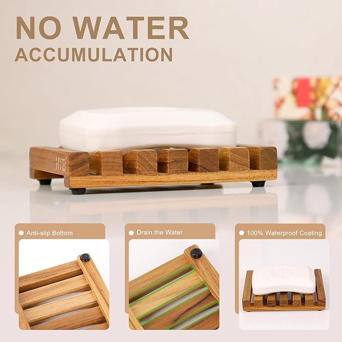 Slotted Bar Soap Holder Teak Wood by HTB, Kitchen Wooden Sponge Holder, Self Draining Soap Dish for Shower, Sink, Bathroom, Bathtub, RV