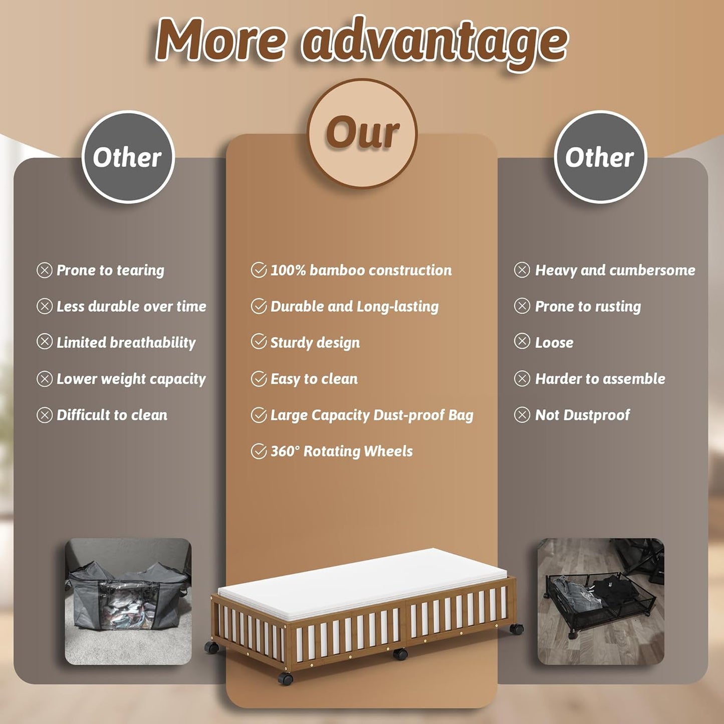 Bamboo Under Bed Storage Containers with Wheels, 2 Pack Large Under the Bed Shoe Storage Bins, Wood Rolling Underbed Drawers Organizer for Bedroom Closet Clothes Blanket Under Crib Toy Walunt