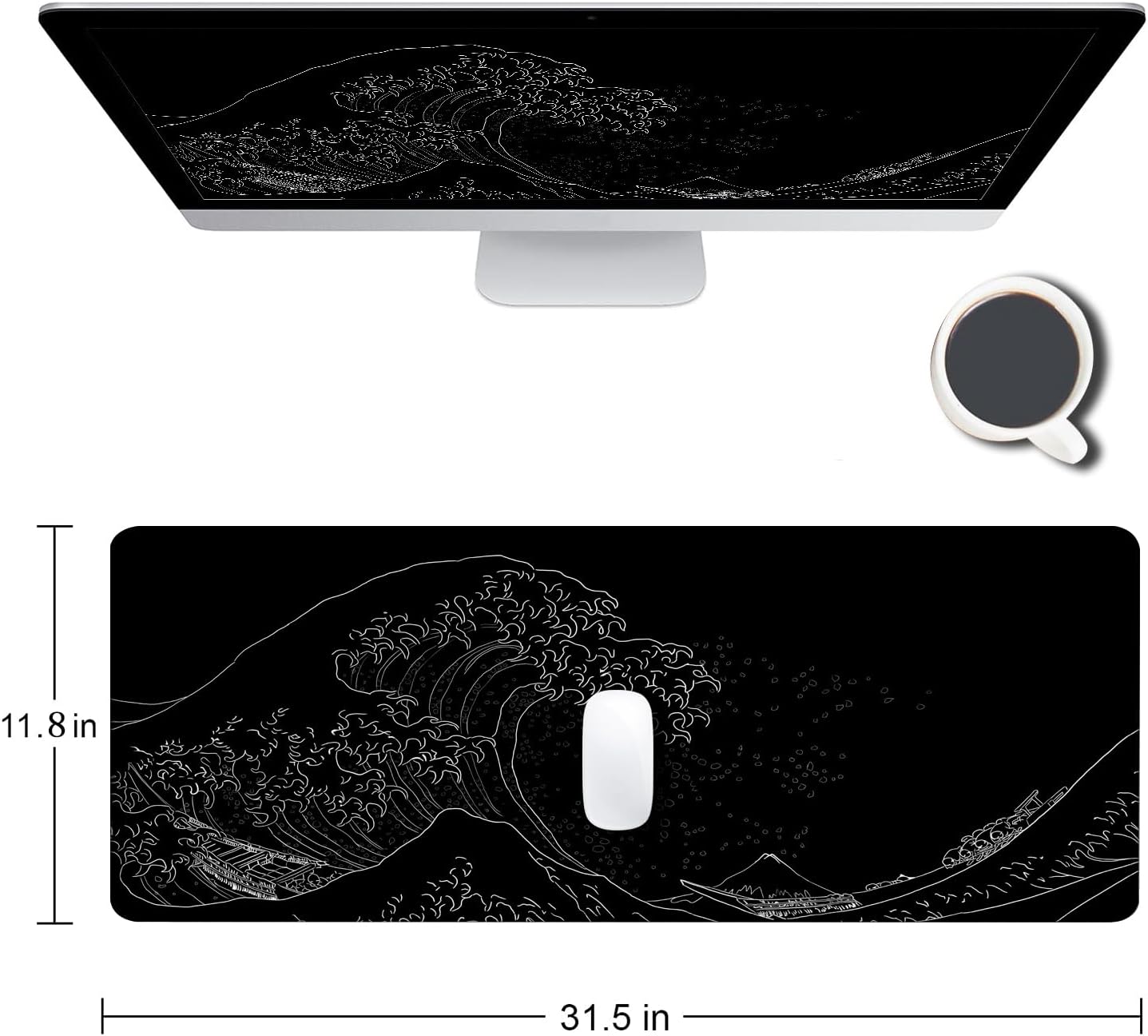 Gaming Mouse Pad, Large Mouse Pads for Desk, Non-Slip Rubber Base Mousepad, Keyboard Mouse Mat, Desk Pad with Stitched Edges, 31.5x11.8inch, The Great Wave Off Kanagawa