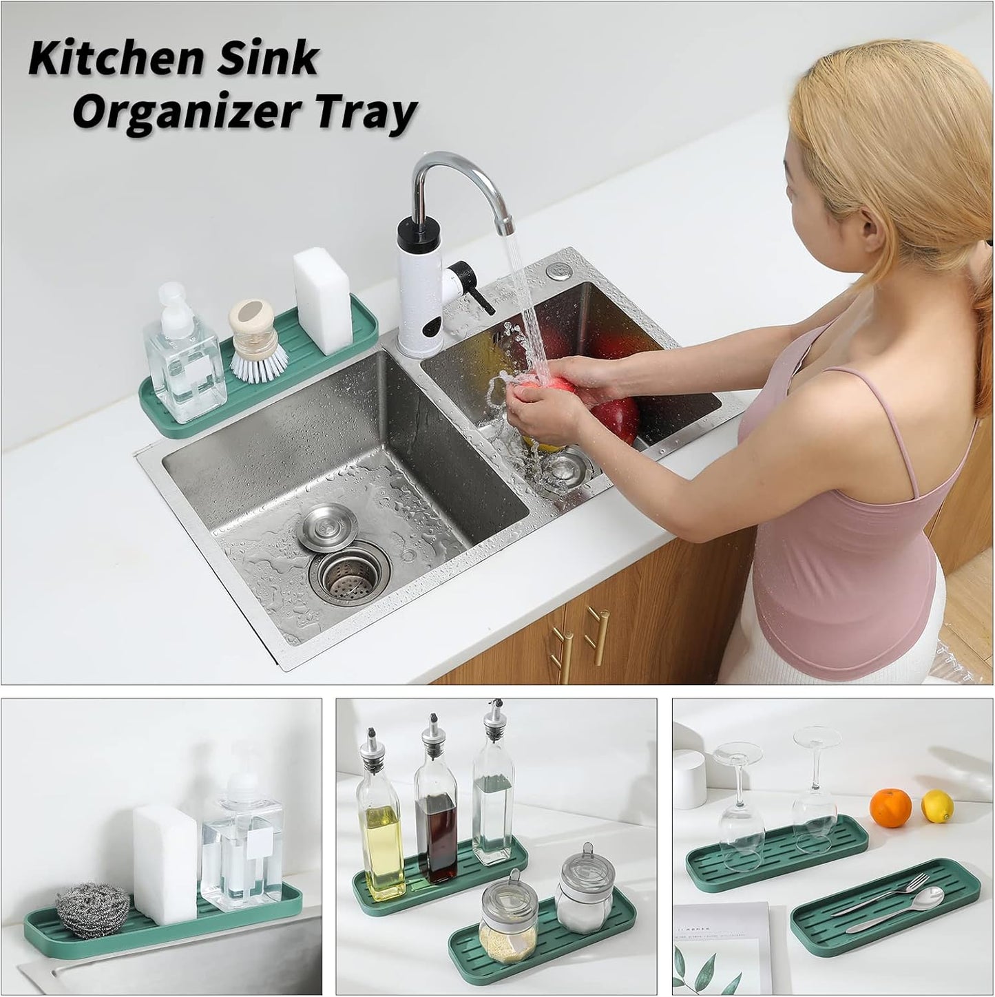 Silicone Kitchen Sink Organizer Tray for Multiple Usage,Eco-Friendly Sponges Holder for Kitchen Bathroom Counter or Sink,Dish Soap Dispenser,Scrubber,Bottle,Cup (Green, 12"×4")