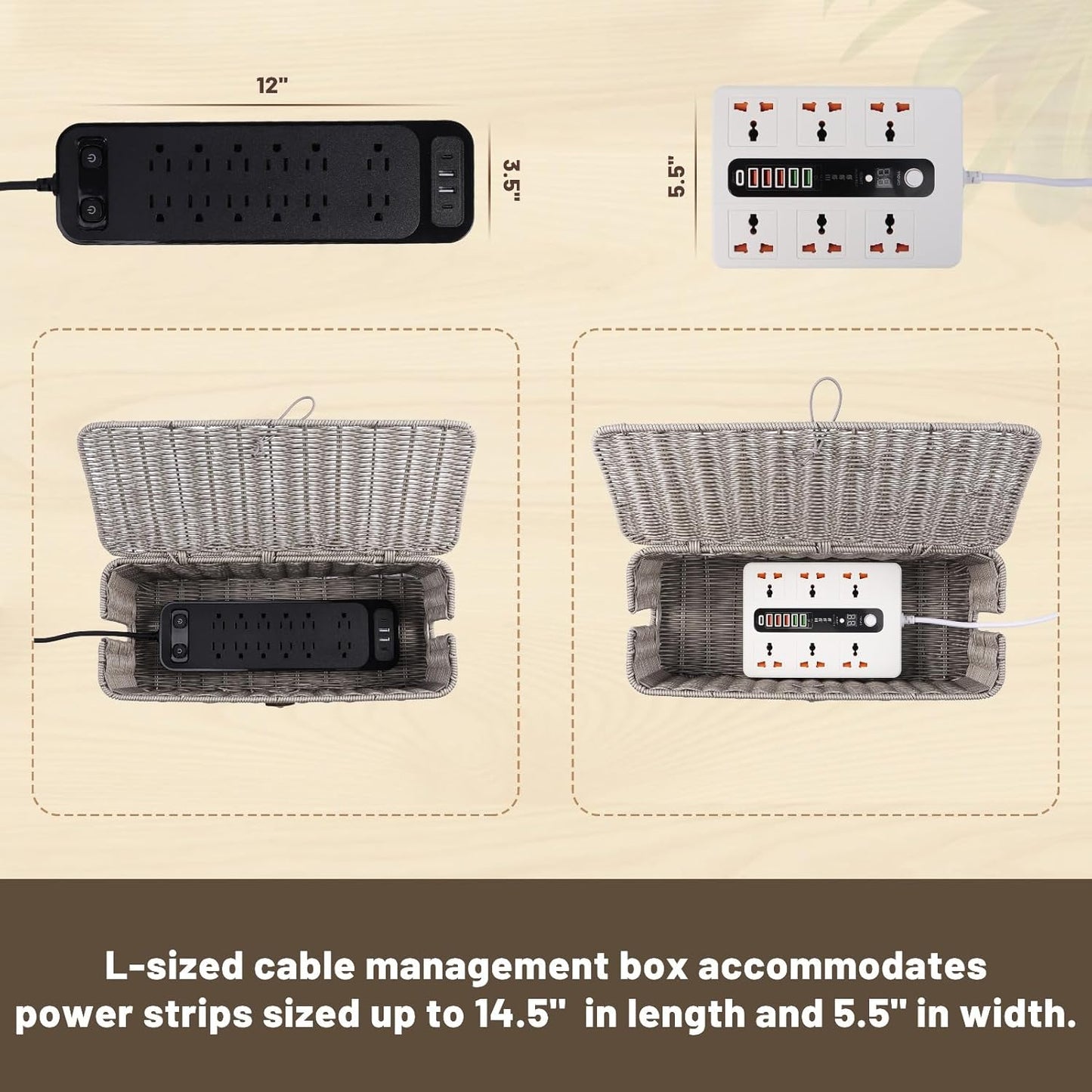 BROWNLILY Cable Management Box, Rattan Style Cord Organizer for Desk Cord Hider Outlet Covers Baby Proofing for Power Strip TV PC Router Charger Under Desk Storage with Lockable Lid and Cable Ties
