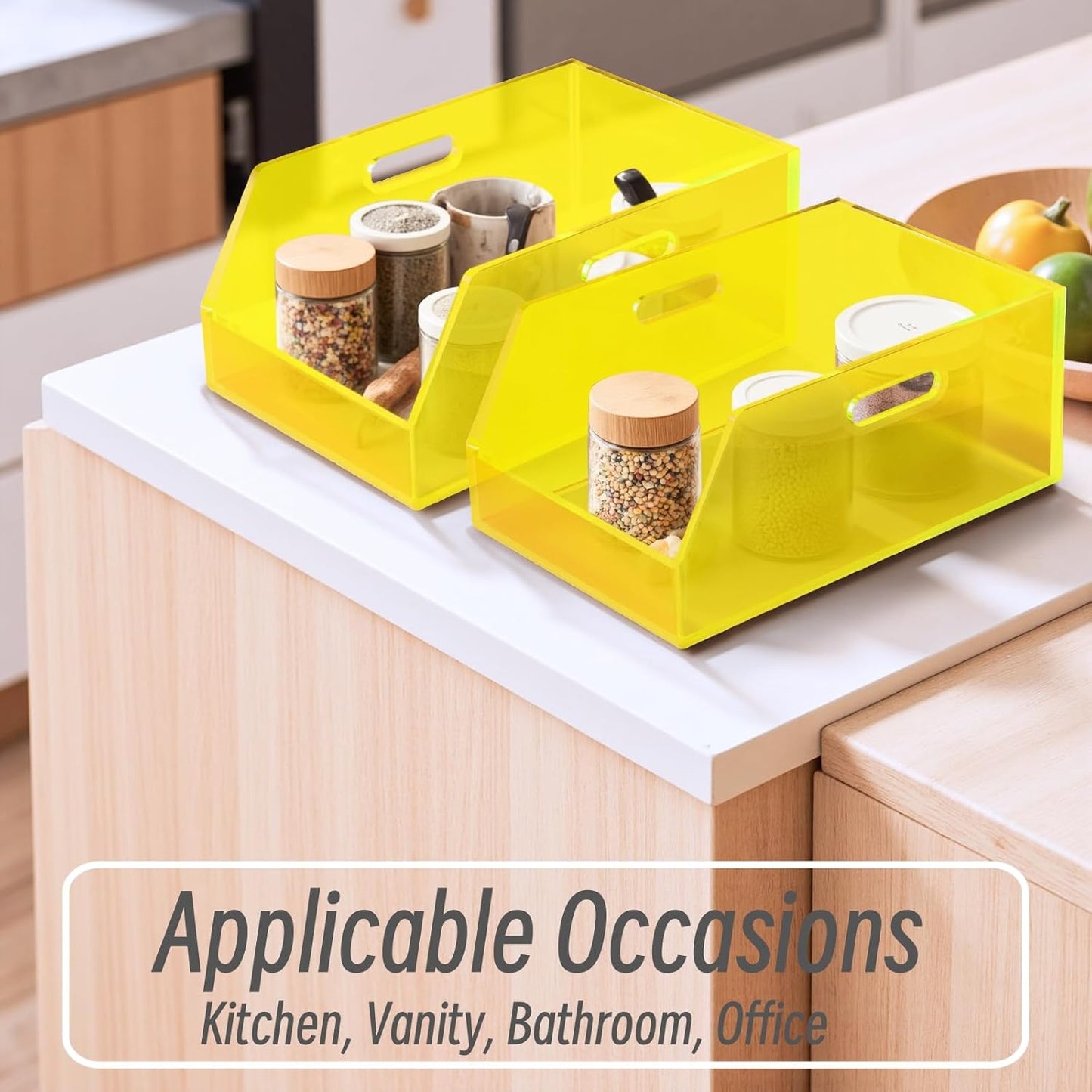 Stackable Large Storage Bin Organizer with Handles Acrylic Storage Container for Toy Pantry Kitchen Cabinet Bathroom Closet Office Organization, 15.4x11.4x6.7'', Neon Yellow