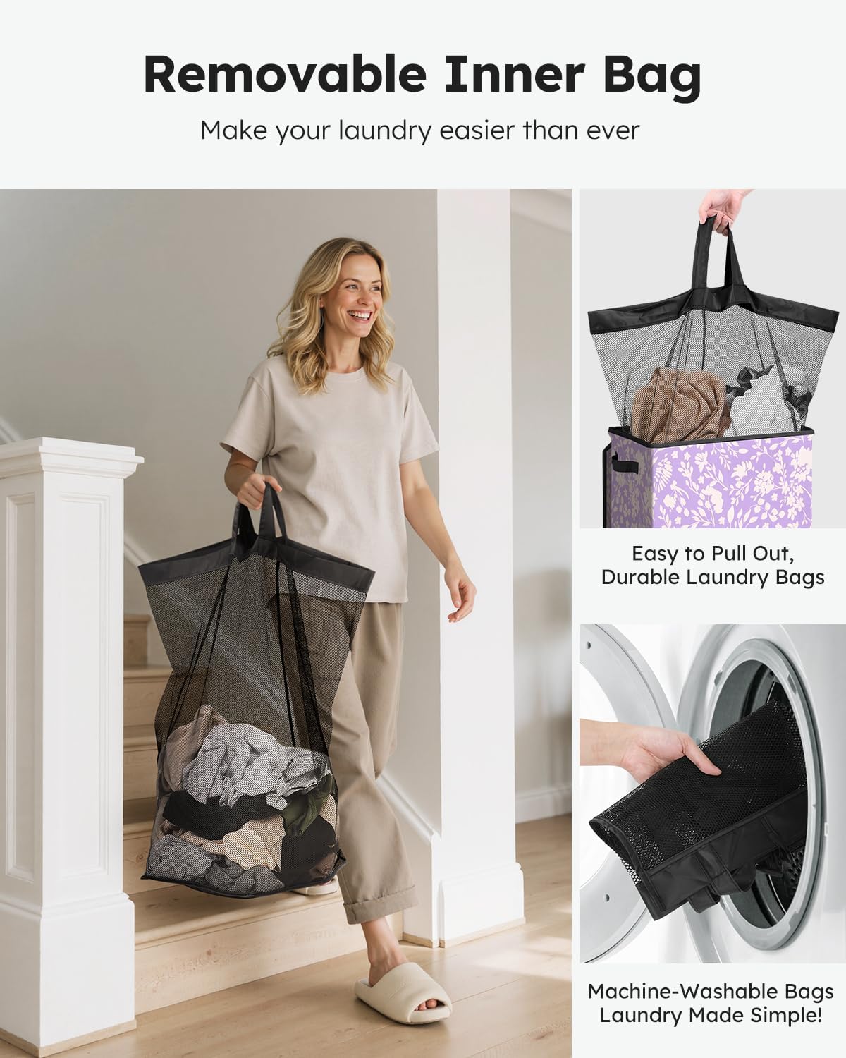 SOLEDI Laundry Hamper with Lid, 90L Tall & Large Floral Laundry Basket, Collapsible Clothes Hamper with Removable Bag, Dirty Hampers for Bedroom, Bathroom, Laundry Room