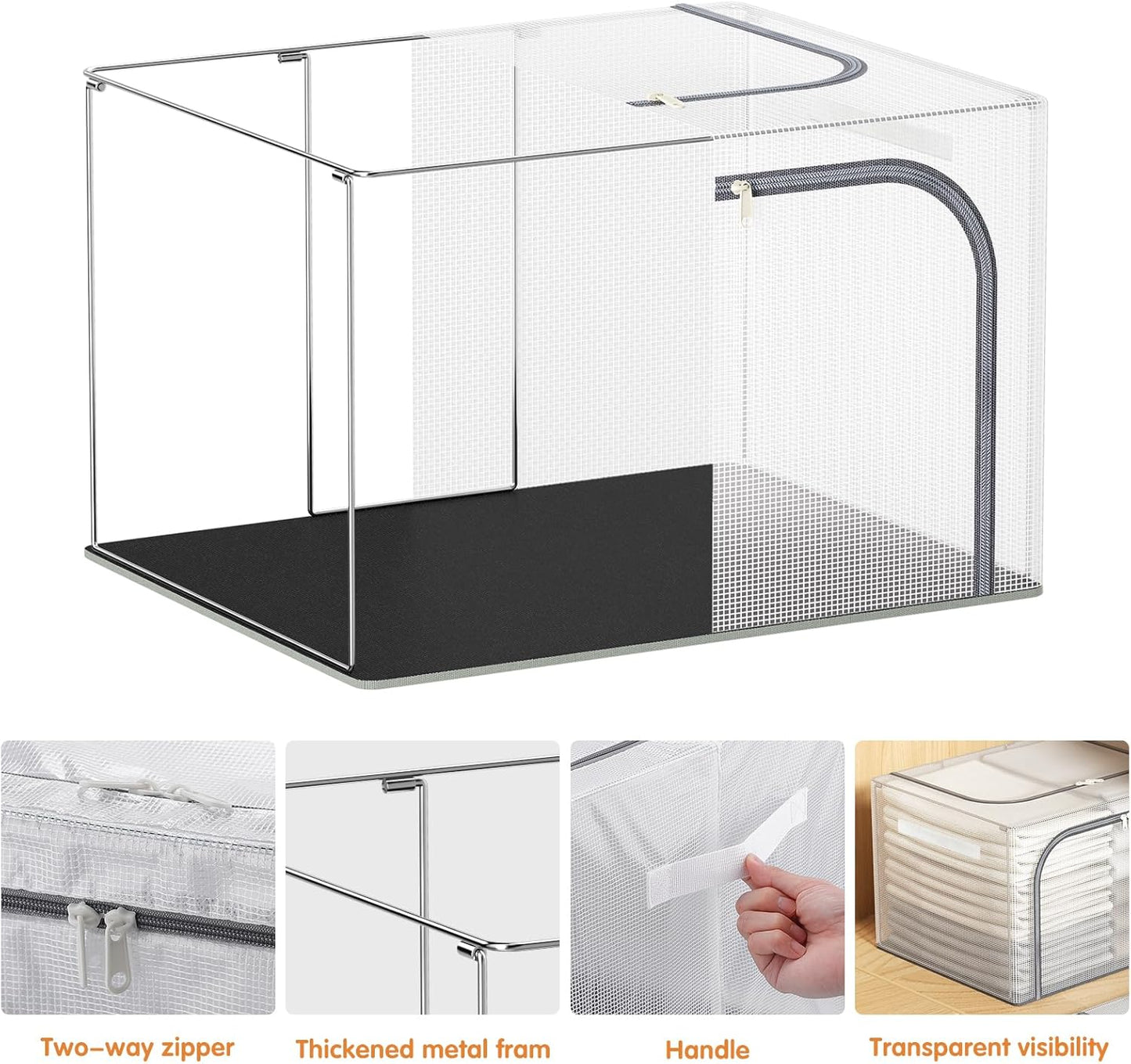 Large size 66L Fully Transparent Openings Clothes Storage Bins with Metal Frame, Stackable & Foldable Storage Box with Lids, Closet Organizers, Cap, Sweater.(19.7x 15.75 x 13 Inches)