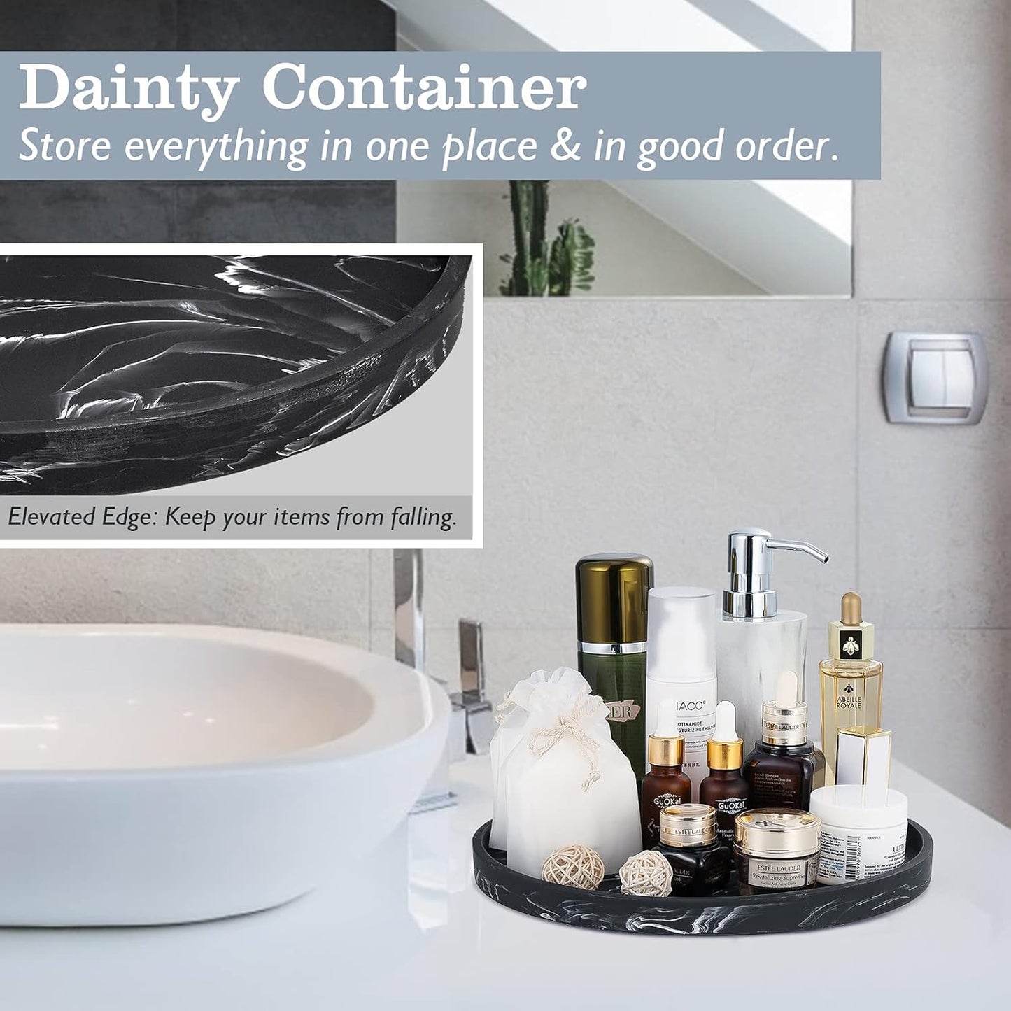 Emibele Vanity Tray, Resin Round Tray Decorative Storage Organizer for Bathroom Toilet Tank Bedroom Kitchen Countertop, Jewelry Storage Dresser Tray for Candle,Lotion Bottle,Cosmetics, Matte Ink Black
