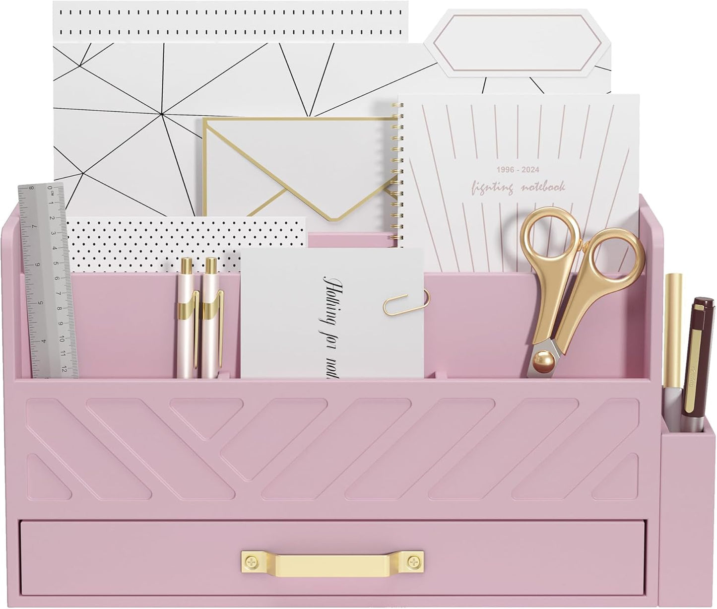 Bamboo Desk Organizer Mail Holder Countertop Wood Desk Drawer Tabletop Storage Box Pen Holder Letter Sorter Makeup Organizer for School Home Office Supplies with Pen Holder Pink