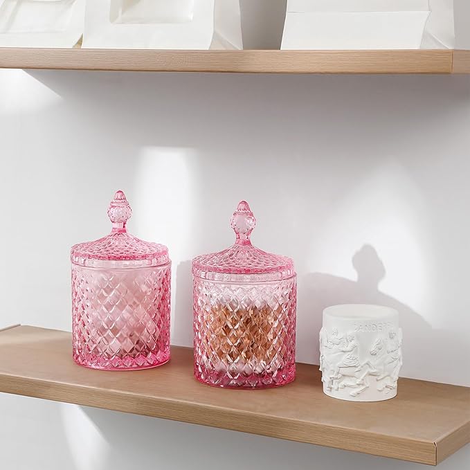 rejomiik 2 Pack Qtip Holder Glass Apothecary Jars with Lid for Bathroom Canisters Dispenser Decor, Storage Organizer for Cotton Swabs, Balls, Pads, Floss Picks, Candy, Pink