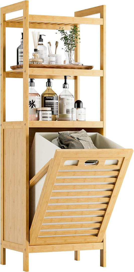HITNET Tilt Out Laundry Hamper, Bamboo Laundry Basket with Foldable Bag and 3 Open Shelves, Freestanding Clothes Storage Organizer for Bedroom, Bathroom, Living Room, Natural
