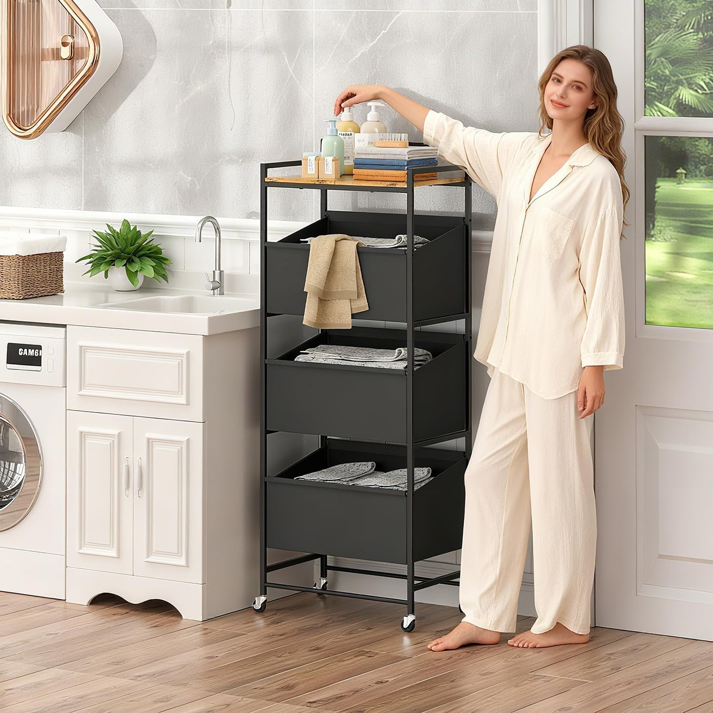 3-Tier Laundry Hamper Sorter with Wheels, 120L Vertical Rolling Laundry Basket Organizer Cart, 3 Section Laundry Sorter with Shelf for Small Space, Laundry Room, Bathroom, Bedroom, Dorm, Closet