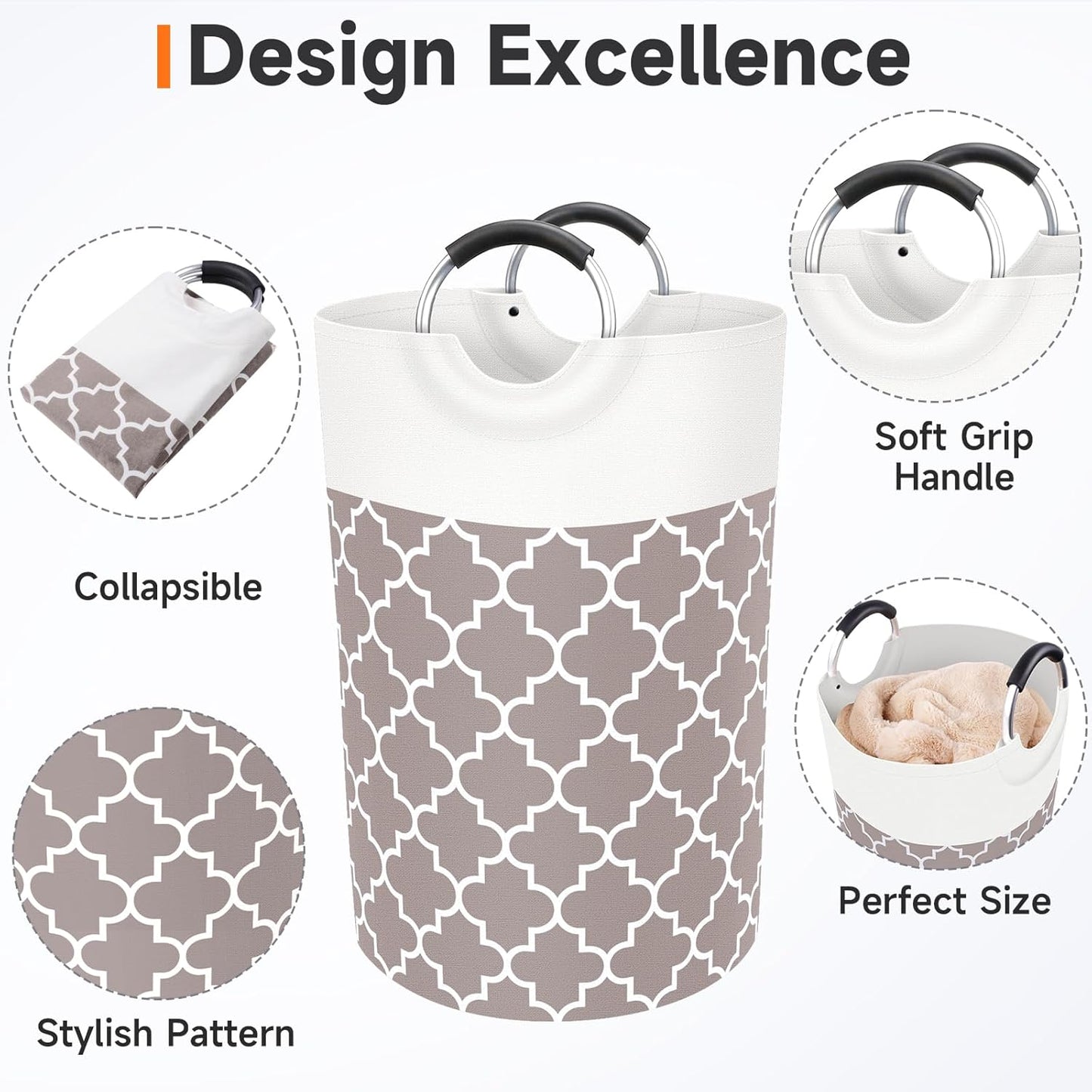 Large Laundry Basket Laundry Hamper Bag Washing Bin Clothes Bag Collapsible Tall With Handles Waterproof Travel Bathroom College Essentials Storage For College Dorm, Family (Khaki)75L