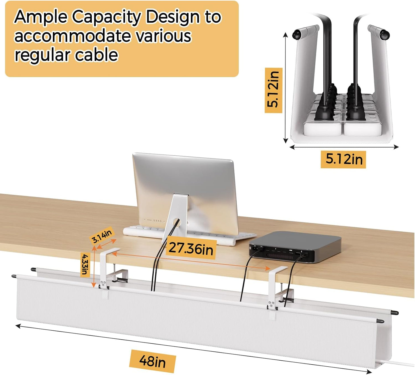 Under Desk Cable Management Tray - 48" Cord Organizer for Desk No Drill, Fabric Under Table Wire Organizer with 16X Cable Ties Hide for Office/Home, Cord Hider Fits Adapters & Sockets, White