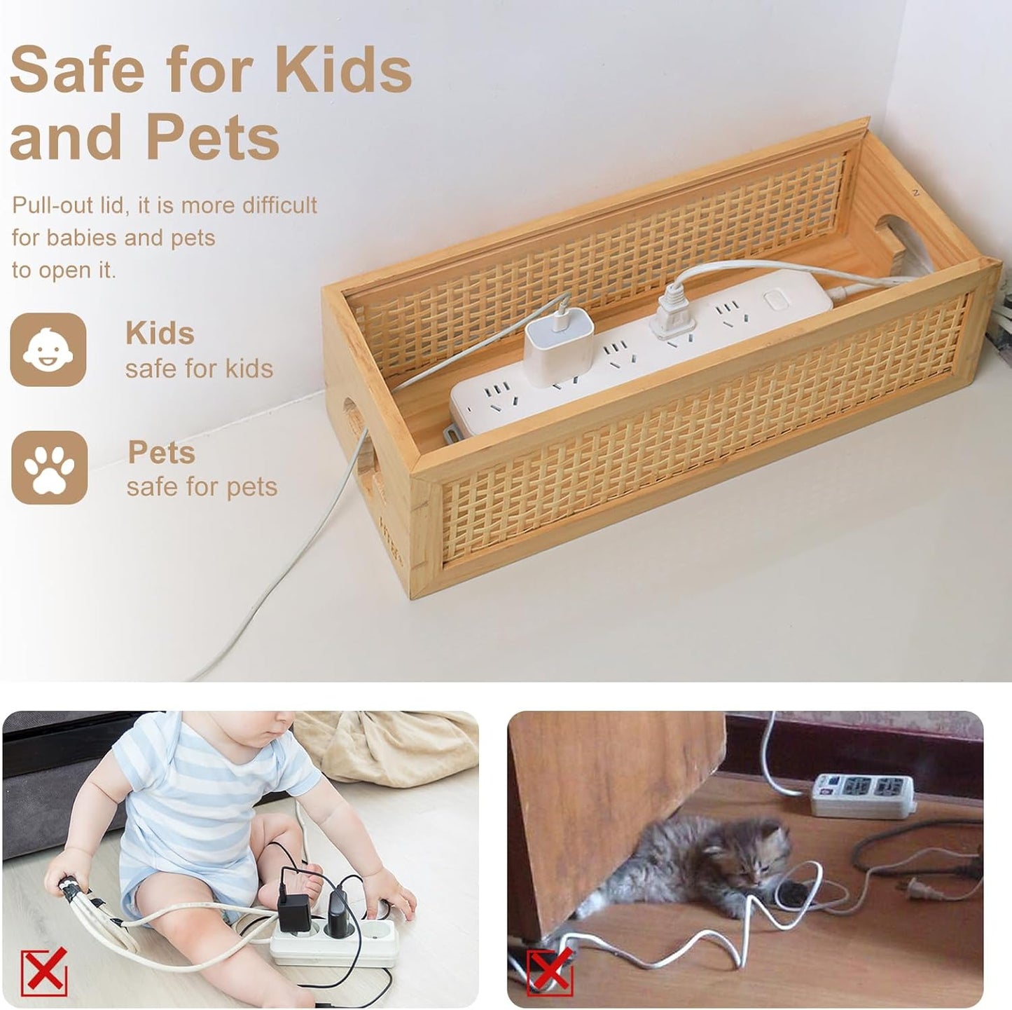 HTB Pinewood Cable Management Box with Bamboo Rattan Mesh - Vintage Cord Organizer for Desk with Valet Tray, Pull-Out Lid Design Safe for Kids and Pets