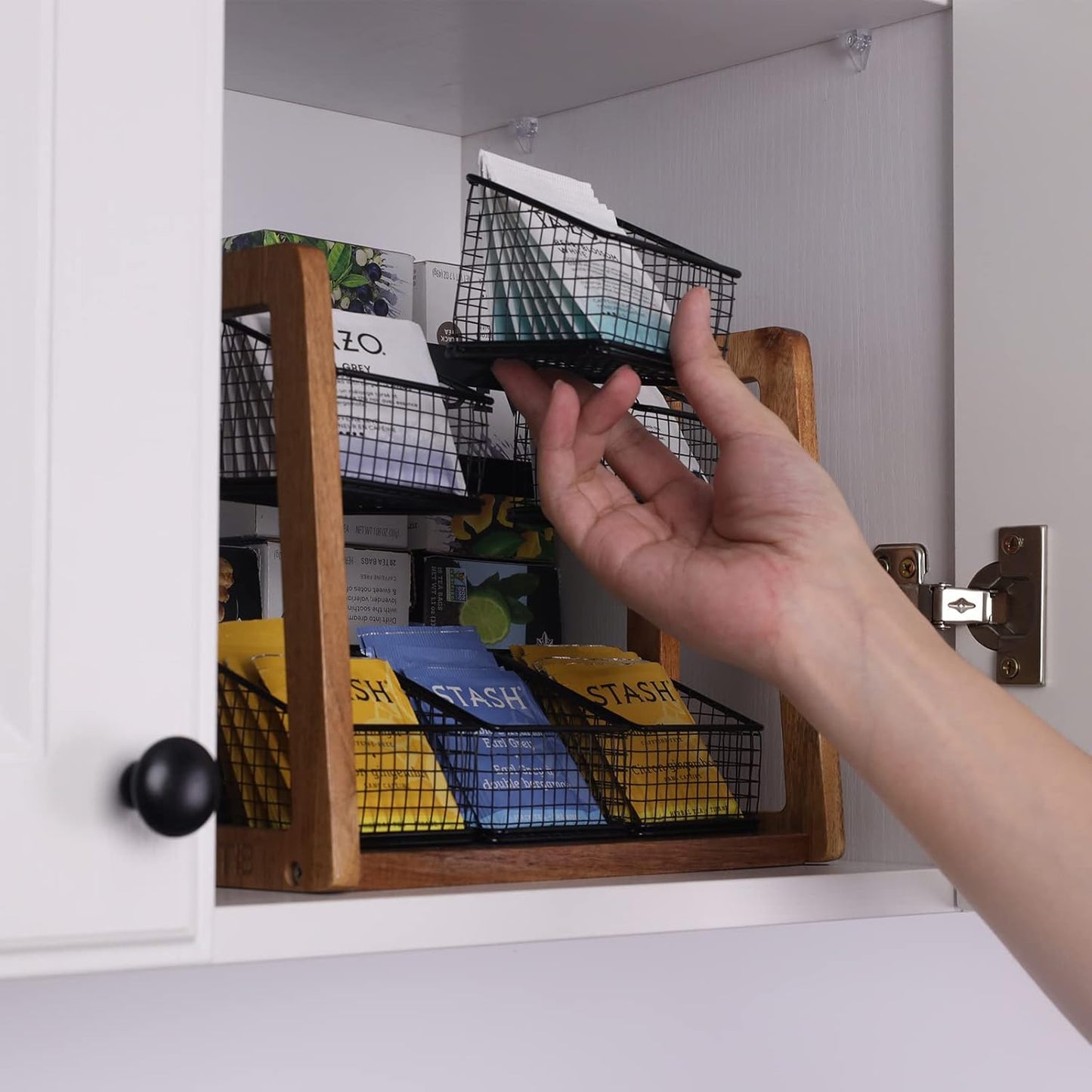 HTB 2 Tier Tea Organizer for Tea Bags, Tea Bag Holder with Acacia Wood Stand and 6 Removable Metal Basket for Sugar Packets, Sweeteners, Creamers for Cabinet, Countertop or Wall-mounted