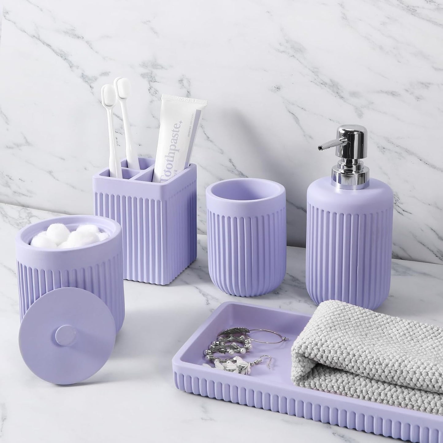 Resin Light Purple Bathroom Accessories Set 5 Pcs, Lotion Soap Dispenser, Toothbrush Holder, Bathroom Tumbler, Qtip Holder and Vanity Tray, Bathroom Countertop Organizer Set for Home Apartment