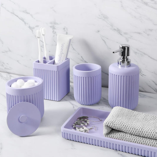 Resin Light Purple Bathroom Accessories Set 5 Pcs, Lotion Soap Dispenser, Toothbrush Holder, Bathroom Tumbler, Qtip Holder and Vanity Tray, Bathroom Countertop Organizer Set for Home Apartment