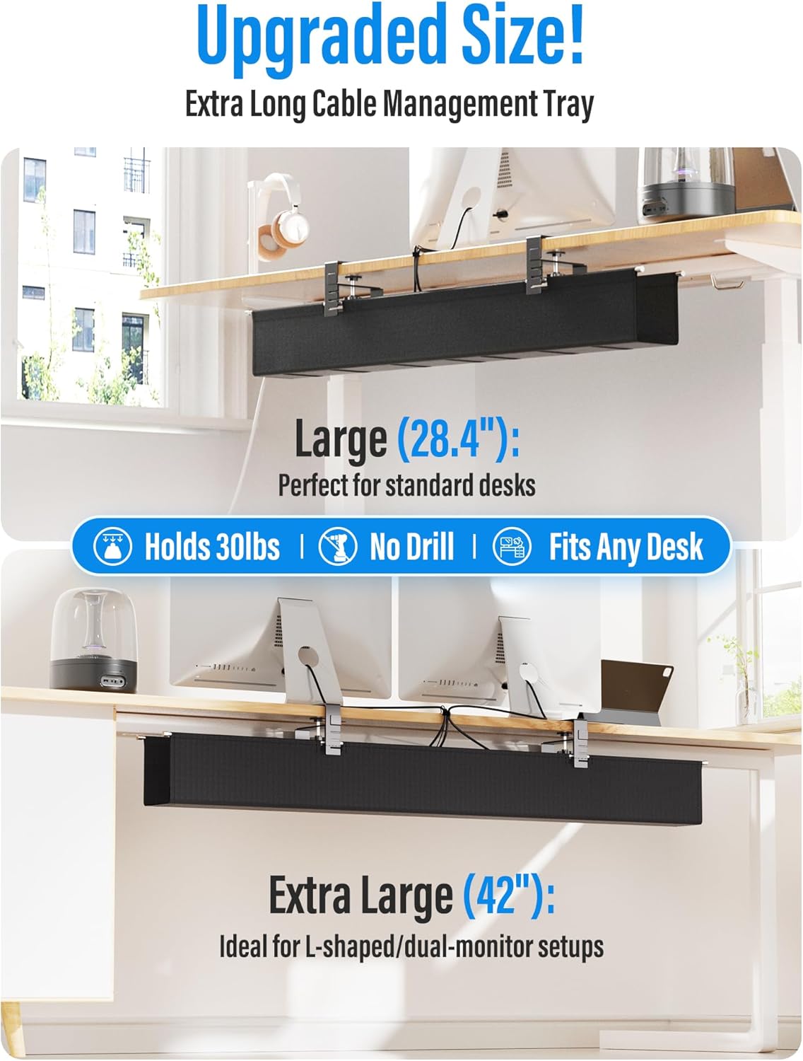 [Upgraded] Large Under Desk Cable Management Tray, Cinati Cable Management Under Desk No Drill, 42" Fabric Cord Hider for Wire Organizer, Cord Organizer for Office, Home - Supports Up to 30lbs Black