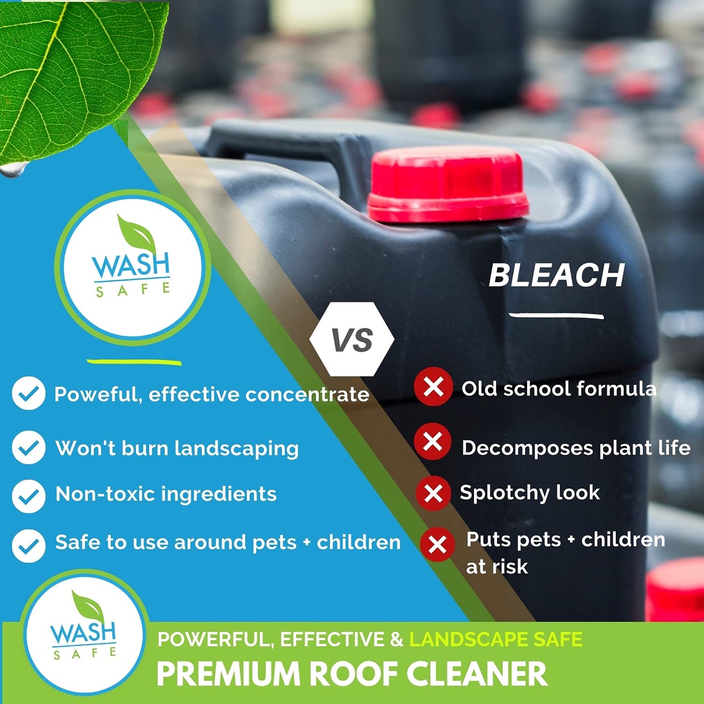 Wash Safe™ ROOF WASH Roof Cleaner, 10 lb. | Clear, Bleach-Free Concentrate | Clean Up to 10,000 sq. ft. of Asphalt, Wood, Slate and Ceramic Shingles or Tiles