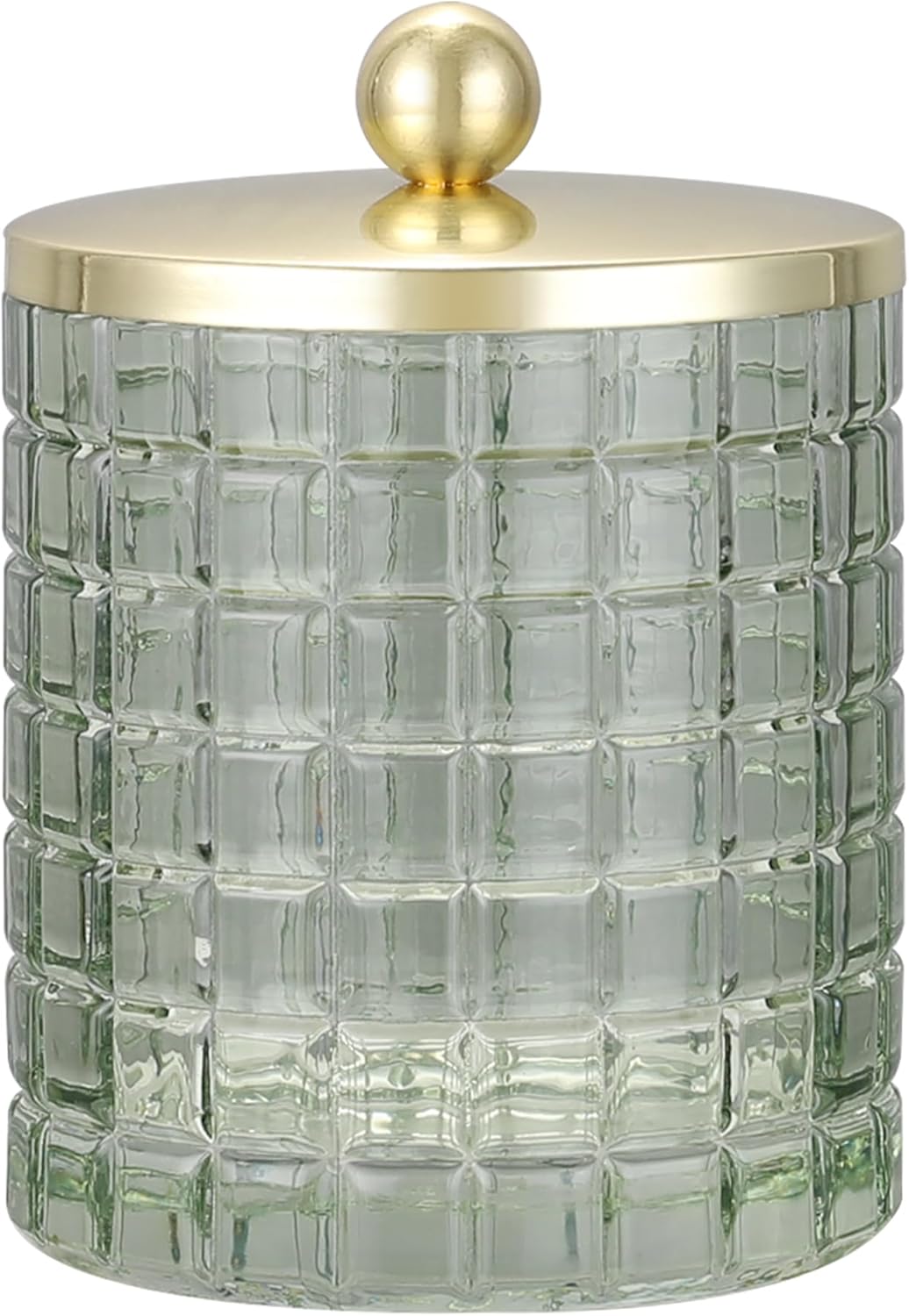 Sage Colored Tranlucent Apothecary Etched Geometric Grid Glass Jar W/Gold Metal Lid Cover for Bathroom Organization, Cotton Balls, Q Tips, and Small Accessories, Bathroom Storage