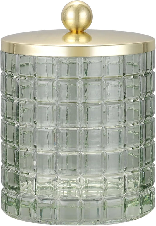 Sage Colored Tranlucent Apothecary Etched Geometric Grid Glass Jar W/Gold Metal Lid Cover for Bathroom Organization, Cotton Balls, Q Tips, and Small Accessories, Bathroom Storage