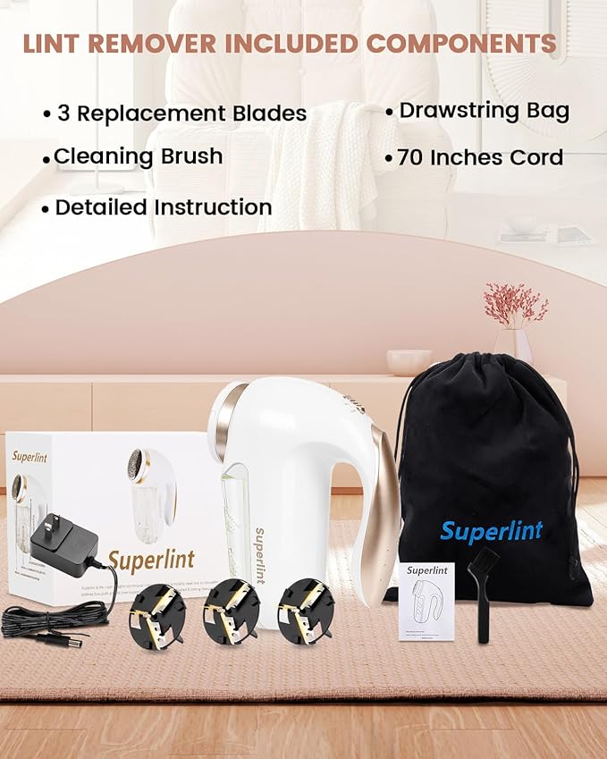 SUPER LINT Electric Fabric Shaver Best Rated Sweater Shaver Fuzz Pill Bobble Remover for Fabric Fleece Curtains Clothes, White & Gold