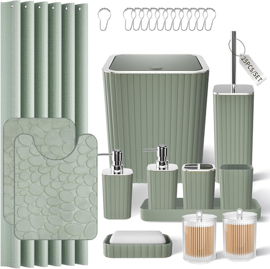 Bathroom Accessories Set - 25PC Sage Bathroom Set, Bathroom Set with Shower Curtain and Rugs, Sage Green Shower Curtain Set, Bathroom Accessory Set, Trash Can & Soap Dispenser