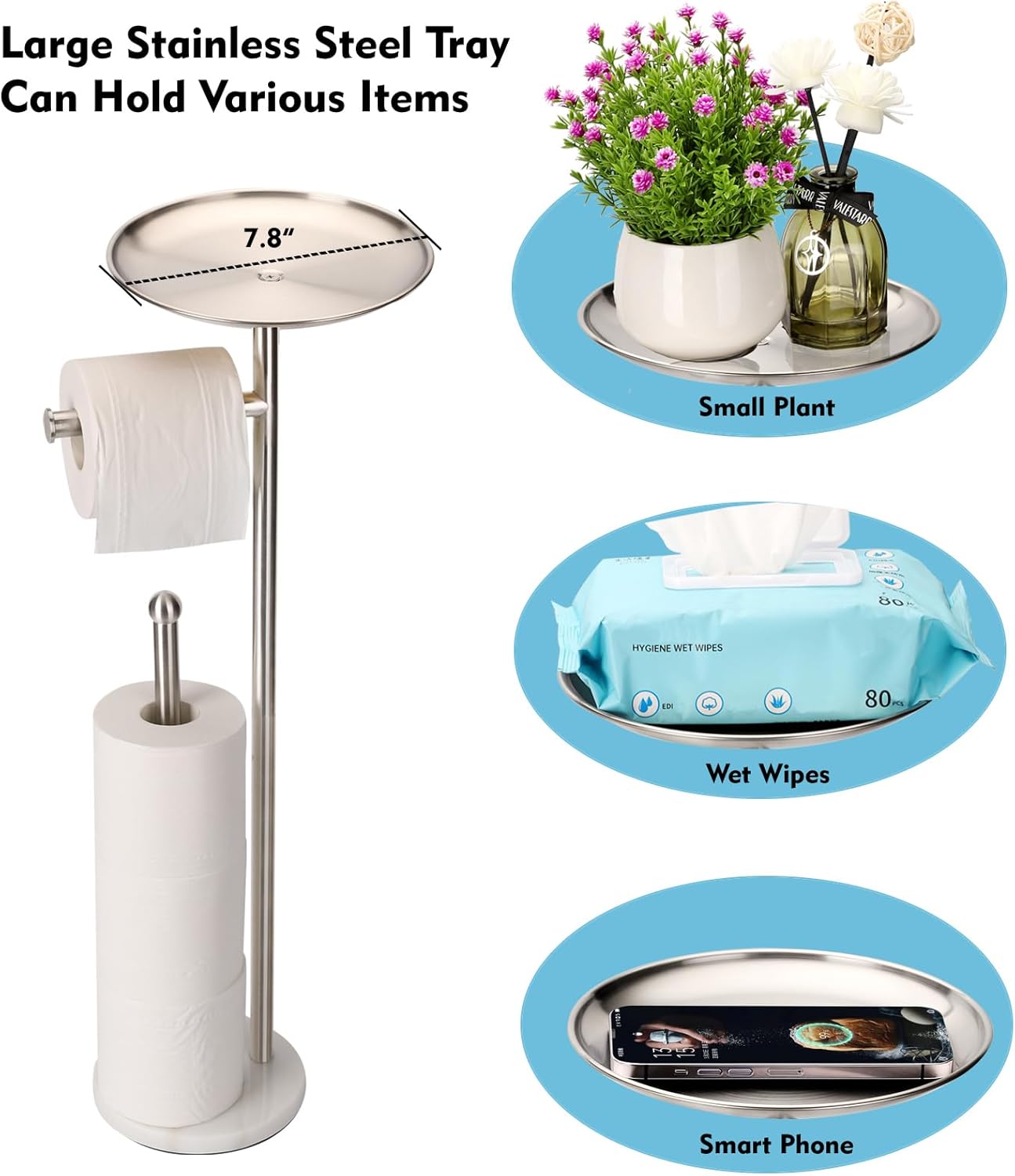 Noonext Toilet Paper Holder Stand with Shelf, Freestanding Toilet Paper Holder, Heavy Marble Base No Tipping Over (Brushed Nickel)