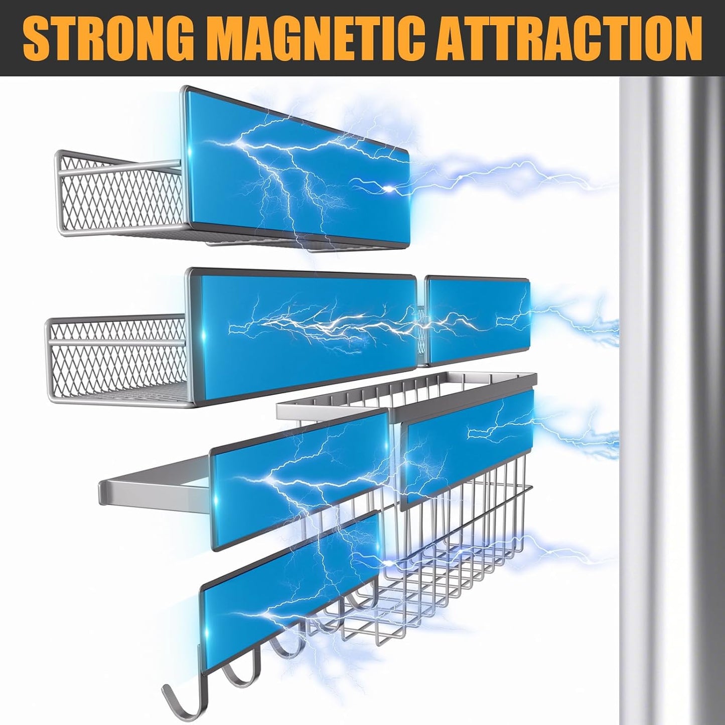 6-Pack Magnetic Shelves for Washing Machine & Refrigerator, Heavy-Duty Laundry Organizer with Hanger Holder & Deep Baskets, Metal Storage System for Laundry Room (Grey)