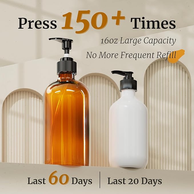 PrettyCare Set of 2 16oz Amber Glass Bottles with Black Pumps - Leak-Proof, Refillable Empty Dispenser for Shampoo, Conditioner & Thick Liquids - with Waterproof Labels