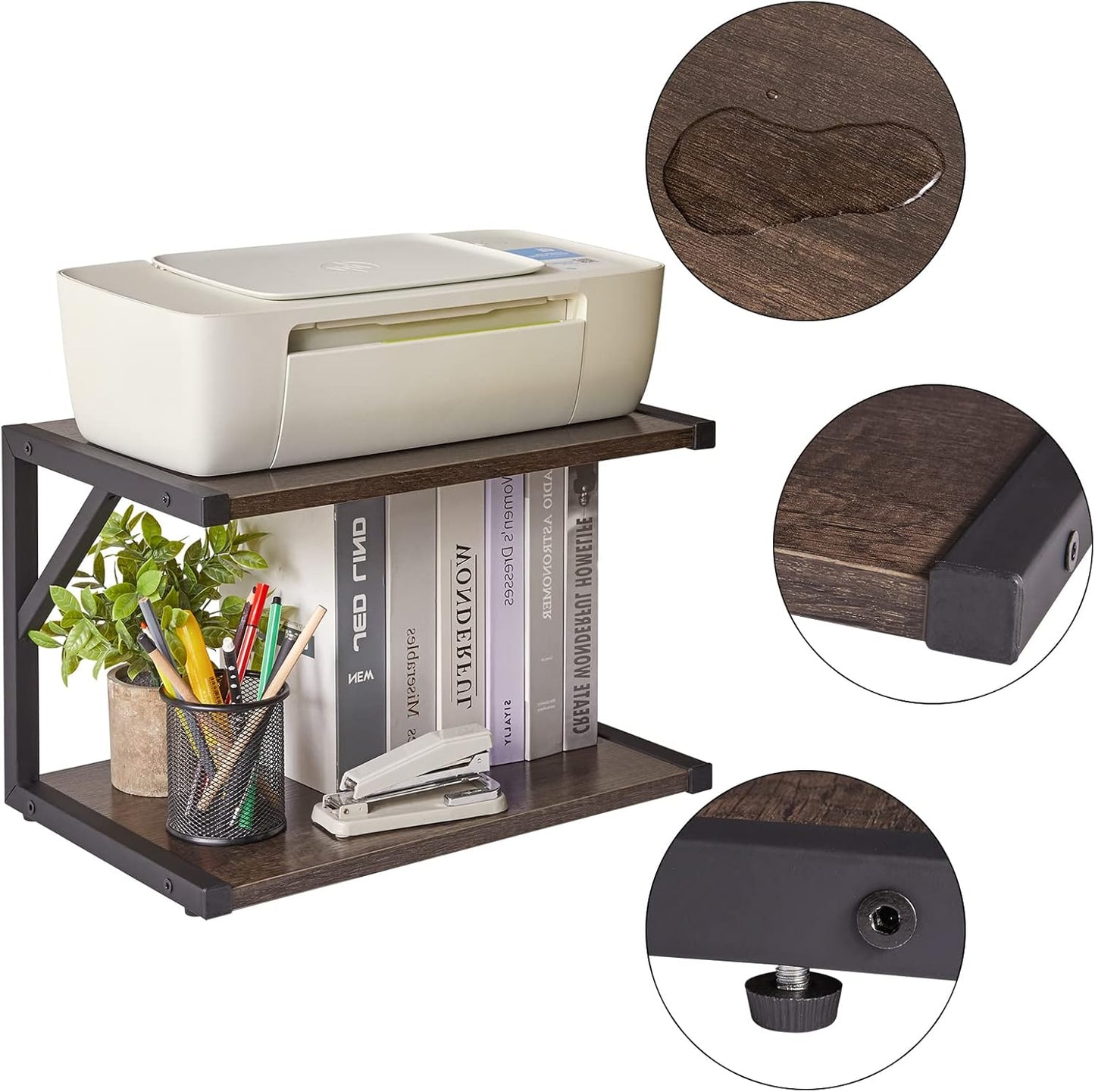 IBUYKE 2-Tier Desktop Printer Stand Holder, Multi-Purpose Desk Organizer Storage Shelf, Book Shelf Printer Shelf for Fax Machine, Scanner, Files, Books, Dark Grey UTLJ004G