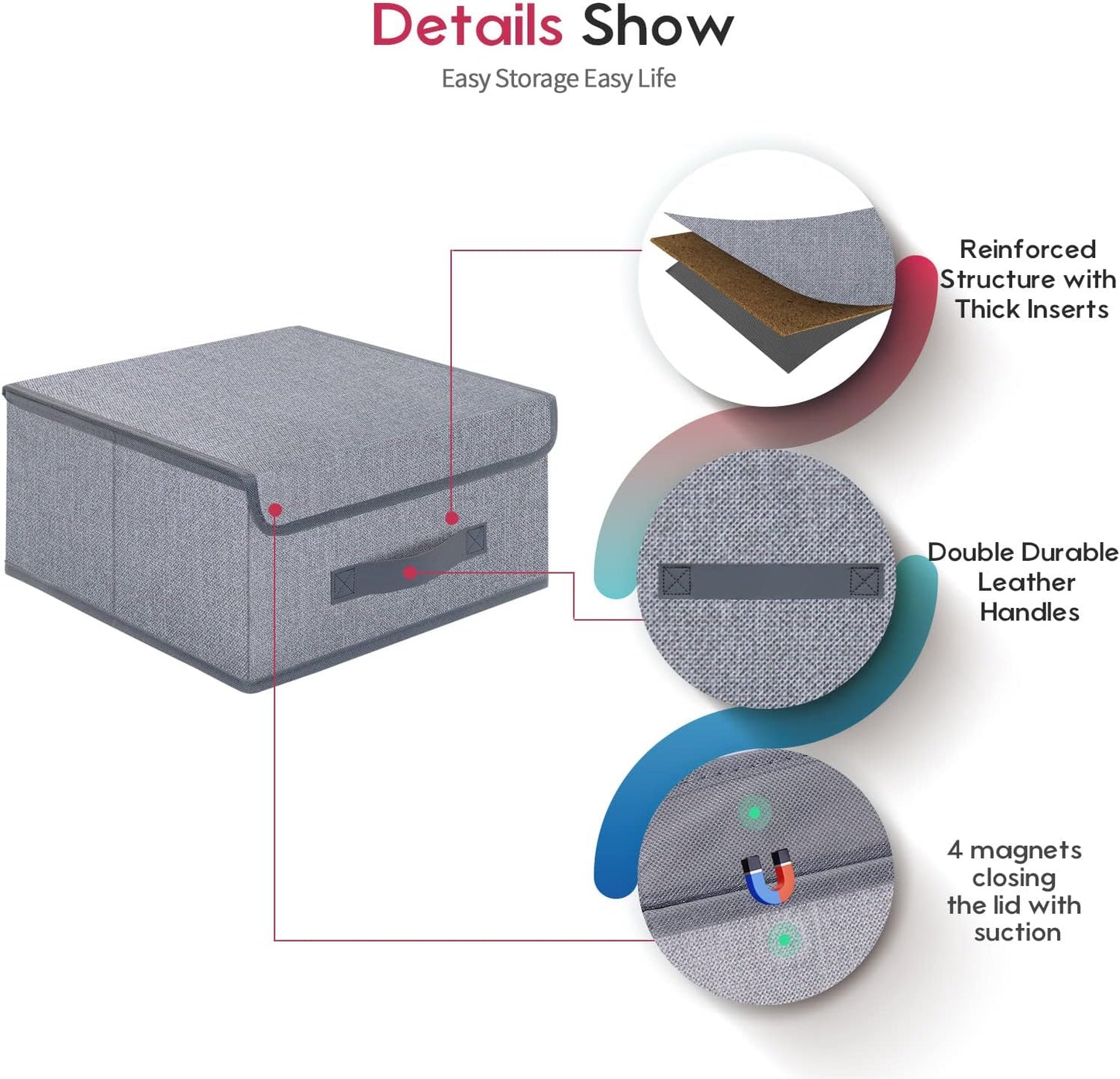 Onlyeasy Foldable Storage Bins Cubes Boxes with Lid - Storage Box Cube Cubby Basket Closet Organizer Pack of 2 with Leather Handles for Closet Bedroom, 13" x 13", Linen-like Grey, MXDLB2P