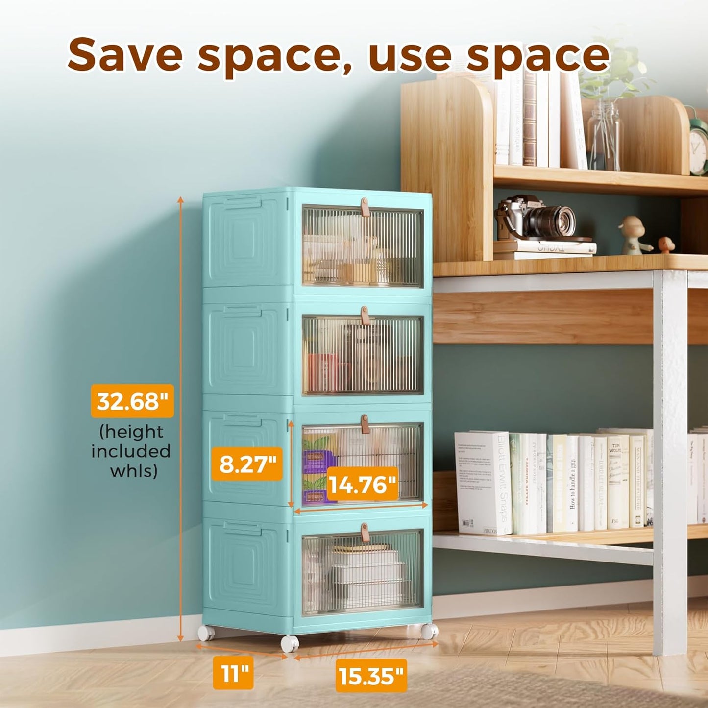 4 Tier Stackable Plastic Storage Bins with Lid and Wheels - 23 QT Closet Organizers and Storage, Foldable Storage Containers, Organization and Storage Boxes for Craft, Home, Pantry, Dorm, Green