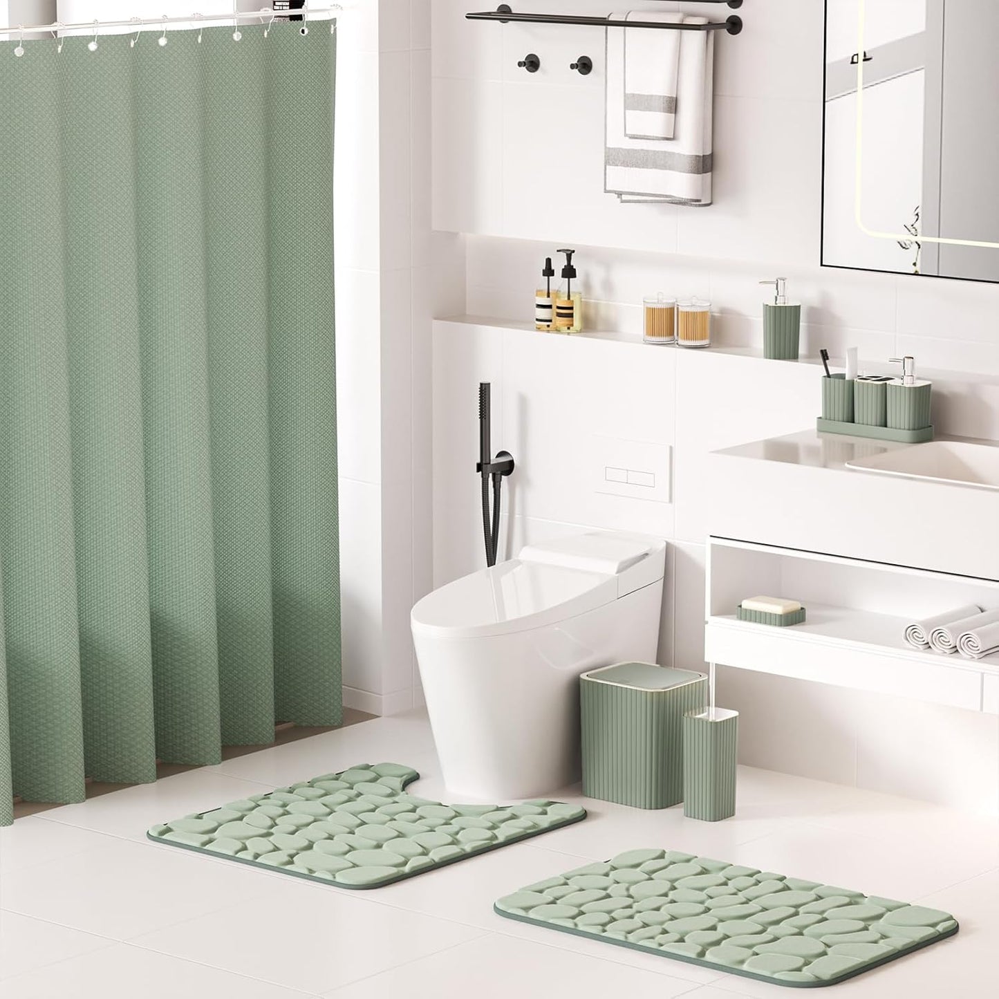 Bathroom Accessories Set - 25PC Sage Bathroom Set, Bathroom Set with Shower Curtain and Rugs, Sage Green Shower Curtain Set, Bathroom Accessory Set, Trash Can & Soap Dispenser