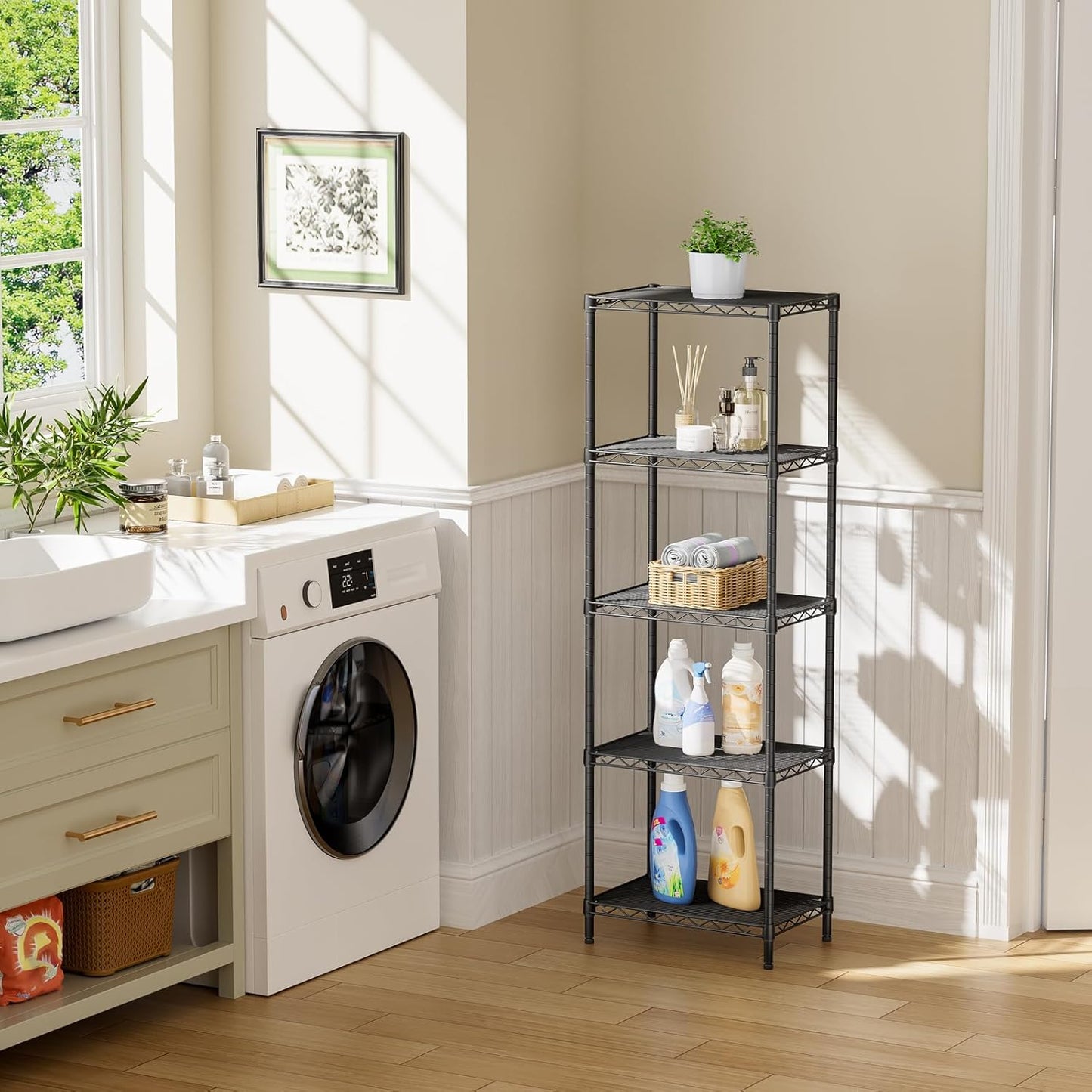 SINGAYE Metal Shelves Wire Shelving：Storage Rack Standing Units Shelf for Kitchen Laundry Bathroom Closet Organizers Pantry Narrow Mesh Adjustable 10" D x 16" W x 55" H Black