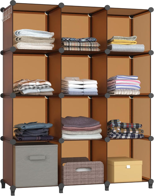 HOMIDEC Closet Organizer, 12-Cube Closet Organizers and Storage, Cube Storage Organizer for Kids, Closet, Bedroom, Bathroom, Office, Brown