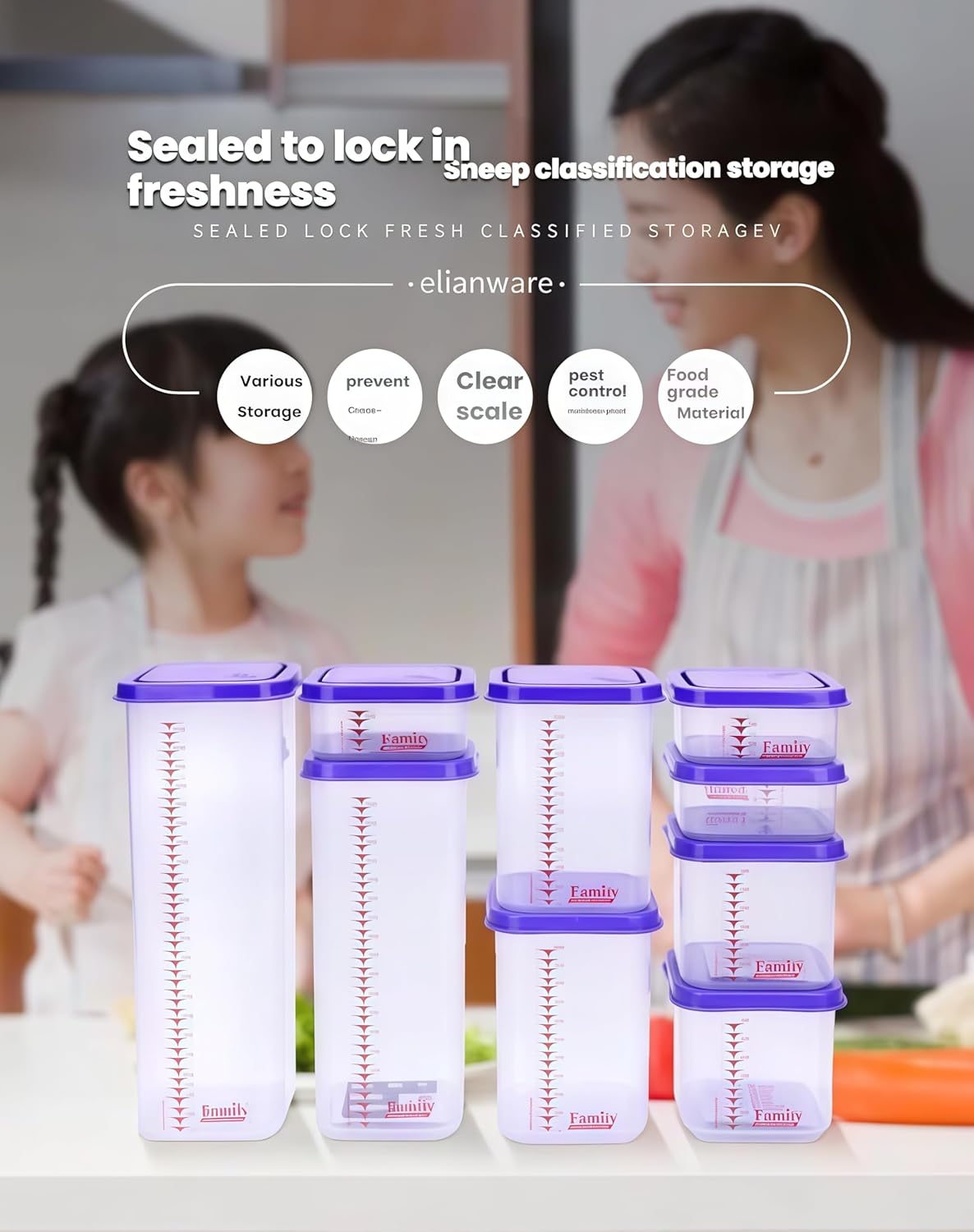 Airtight Food Storage Container With Lids 9PCS Family Set, BPA-Free Food-grade Plastic Stackable Leak-proof Kitchen Pantry Organizers for Pasta, Nuts, Dry Goods, Snack,Modular Design (Purple)