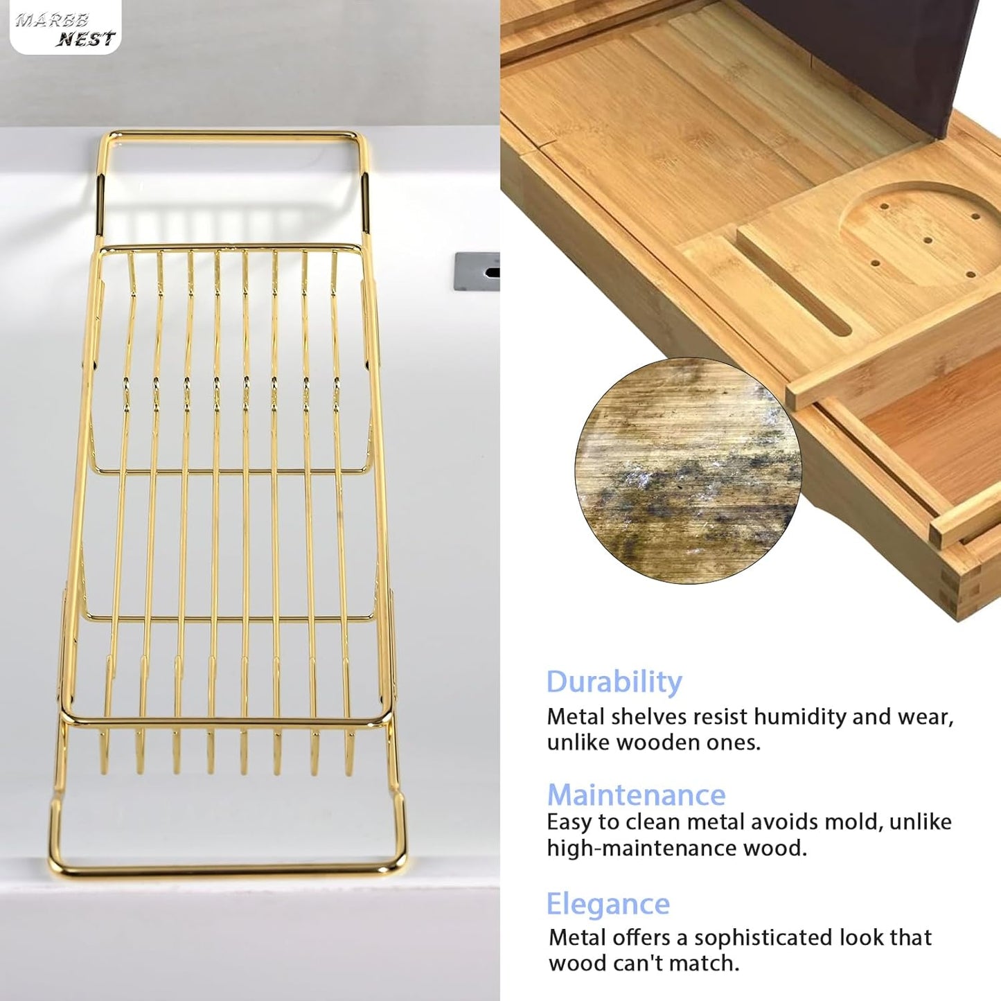 Bathtub Tray Caddy for Luxury Bath Expandable Extra Wide Bath Tub Tray with Natural Marble Tray and Mobile/Tablet Stand, Ideal for Home Spa Lovers(Gold + India Green)