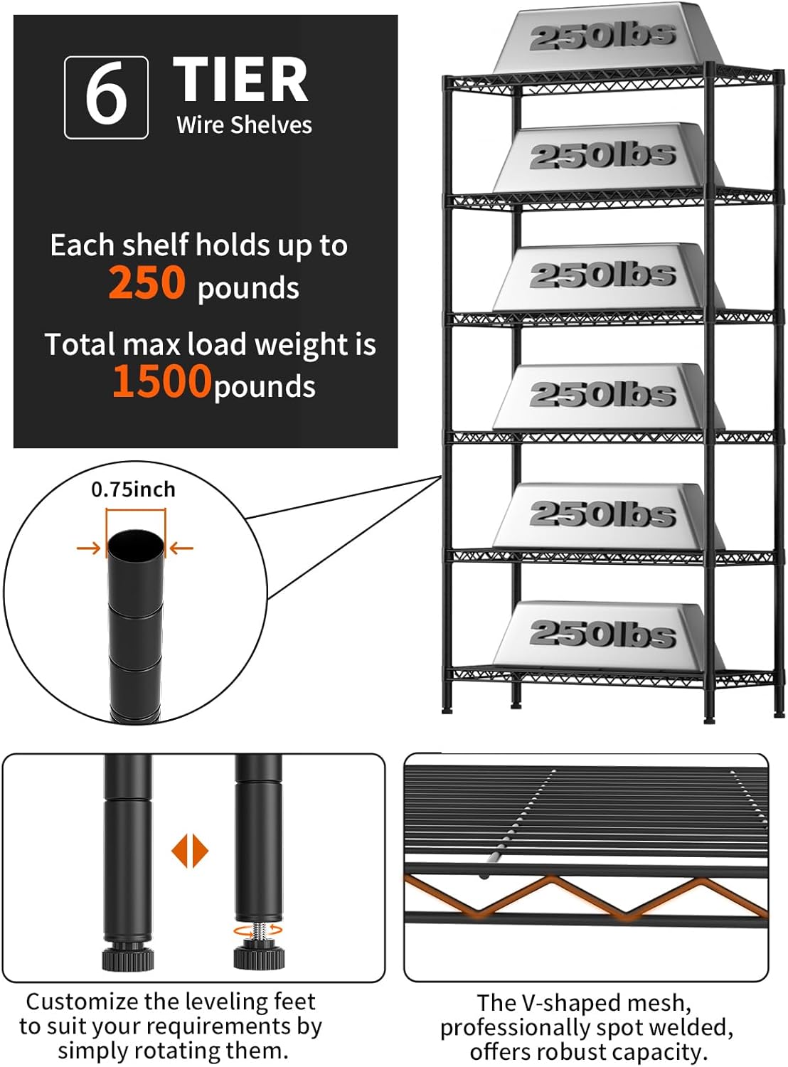 6 Tier Adjustable Storage Shelves,Heavy Duty Metal Utility Shelf 1500LBS Capacity Wire Shelving Unit Organizer Rack for Home Kitchen Pantry Room 14" D x 36" W x 72" H Black