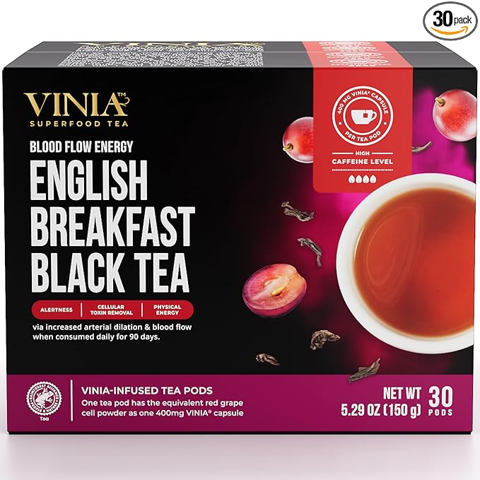 VINIA English Breakfast Black Tea K-Cup Pods, Made with Organic Tea, Infused with Piceid Resveratrol for Heart Health, Nitric Oxide, Physical Energy, Blood Flow, Keto, Kosher, NON-GMO. 30 Ct
