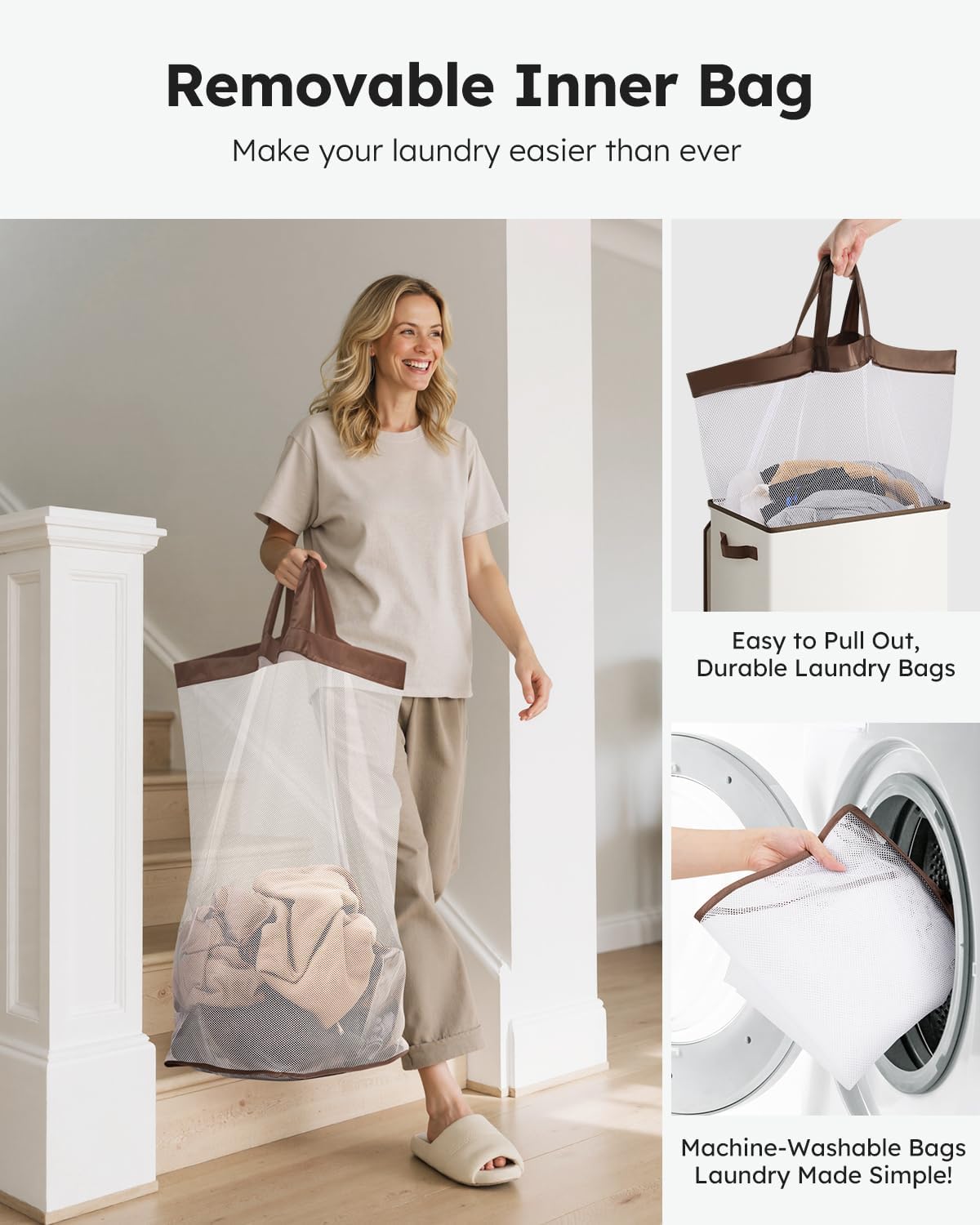 SOLEDI Laundry Hamper with Lid 100L Large & Tall Collapsible Laundry Basket, Clothes Hamper with Bag Removable Easy to Carry, Dirty Hampers for Bedroom, Bathroom, Dorm, College, Off-White