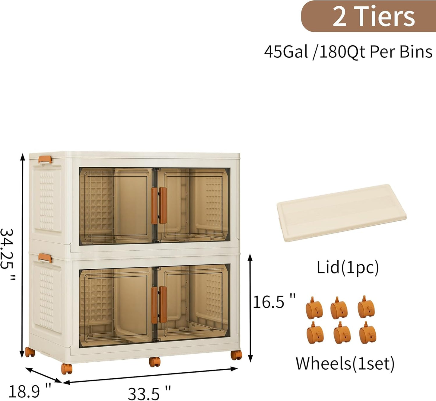 Plastic Stackable Storage Bins with Lids and Wheels, Foldable Closet Organizers and Storage Containers, Collapsible Clear Drawer Storage Cabinet with Doors White 90Gal