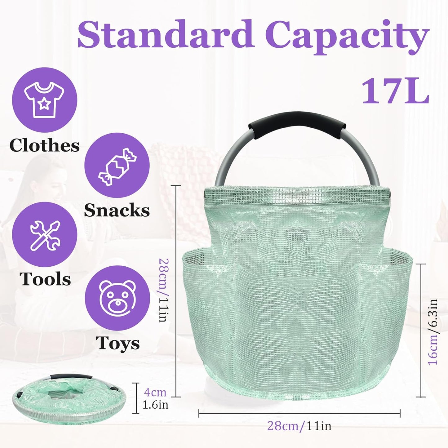 17L Cleaning Caddy for Cleaning Supplies, Foldable Tool Bucket Organizer with 6 Side Pockets, Portable Garden Tool Bag in PVC Resin, Folding Storage Basket for Camping, Gardening, Green