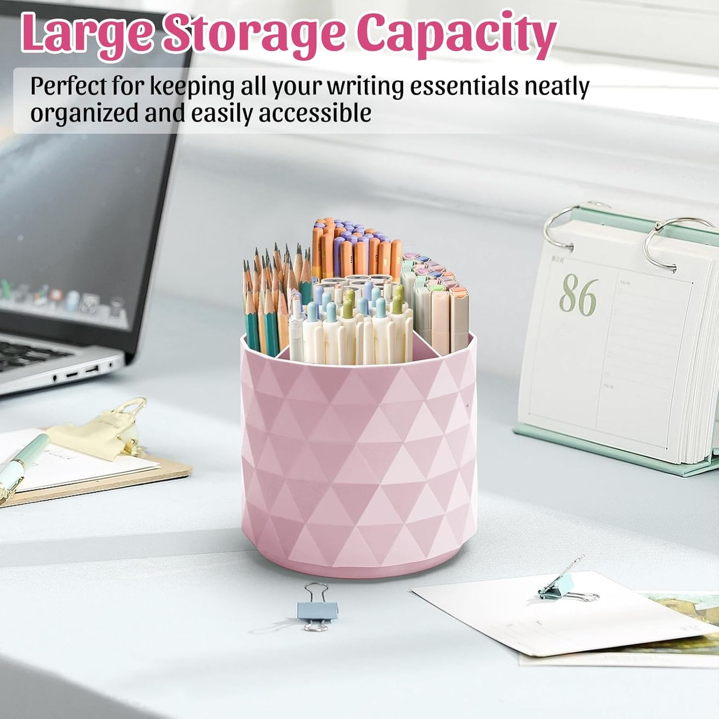 Desk Organizer,Sparkling Diamond-like Pen Holder for Desk 360°Rotating Office Accessories,Pencil Cup with 5 Compartments Storage Box Caddy for Office,School,Home,Art Supply(Pink)