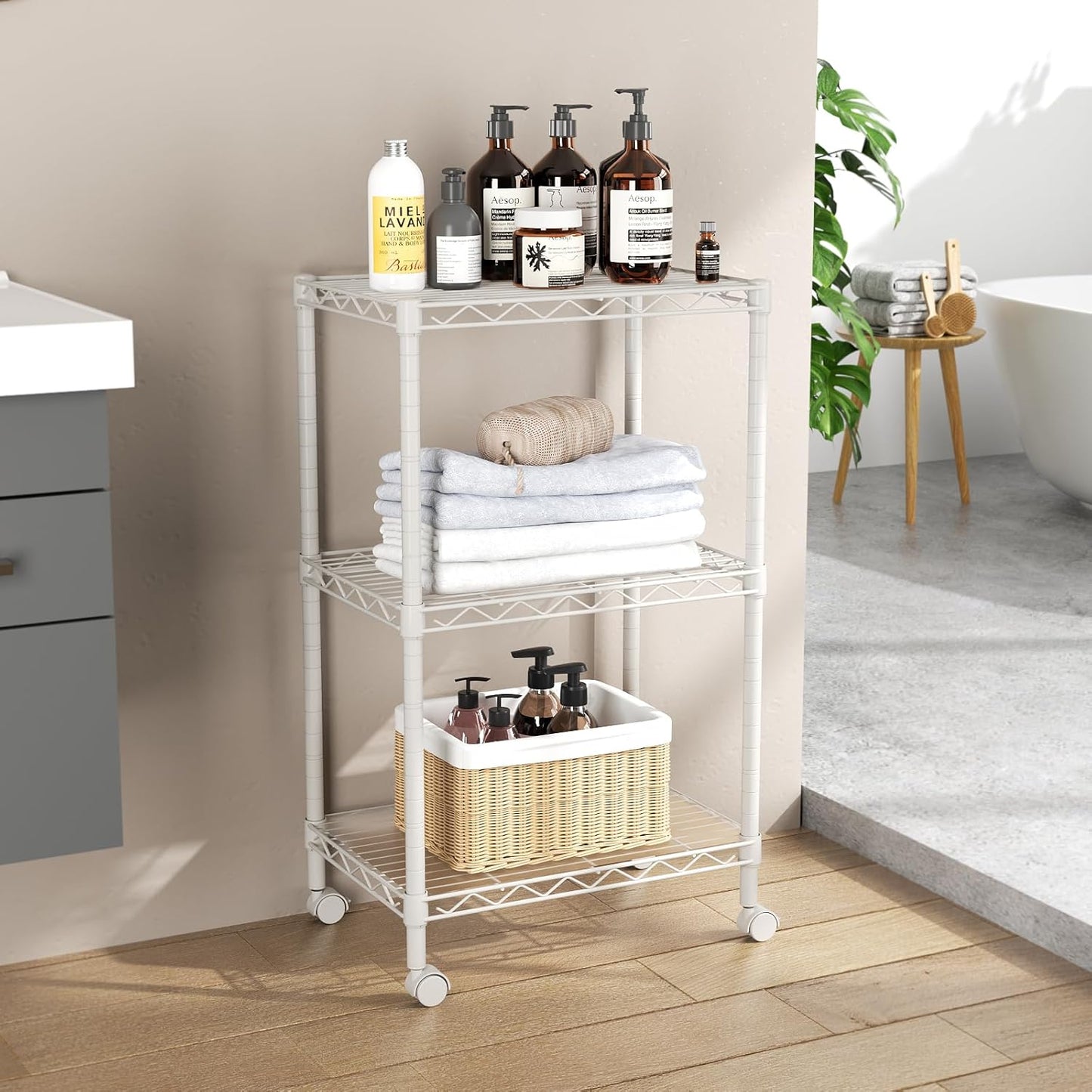 SINGAYE 3 Small Shelves Storage Shelf Wire Shelving Unit Metal Shelf Adjustable Organizers Storage Shelving with Wheels for Bathroom Laundry Room Kitchen Pantry