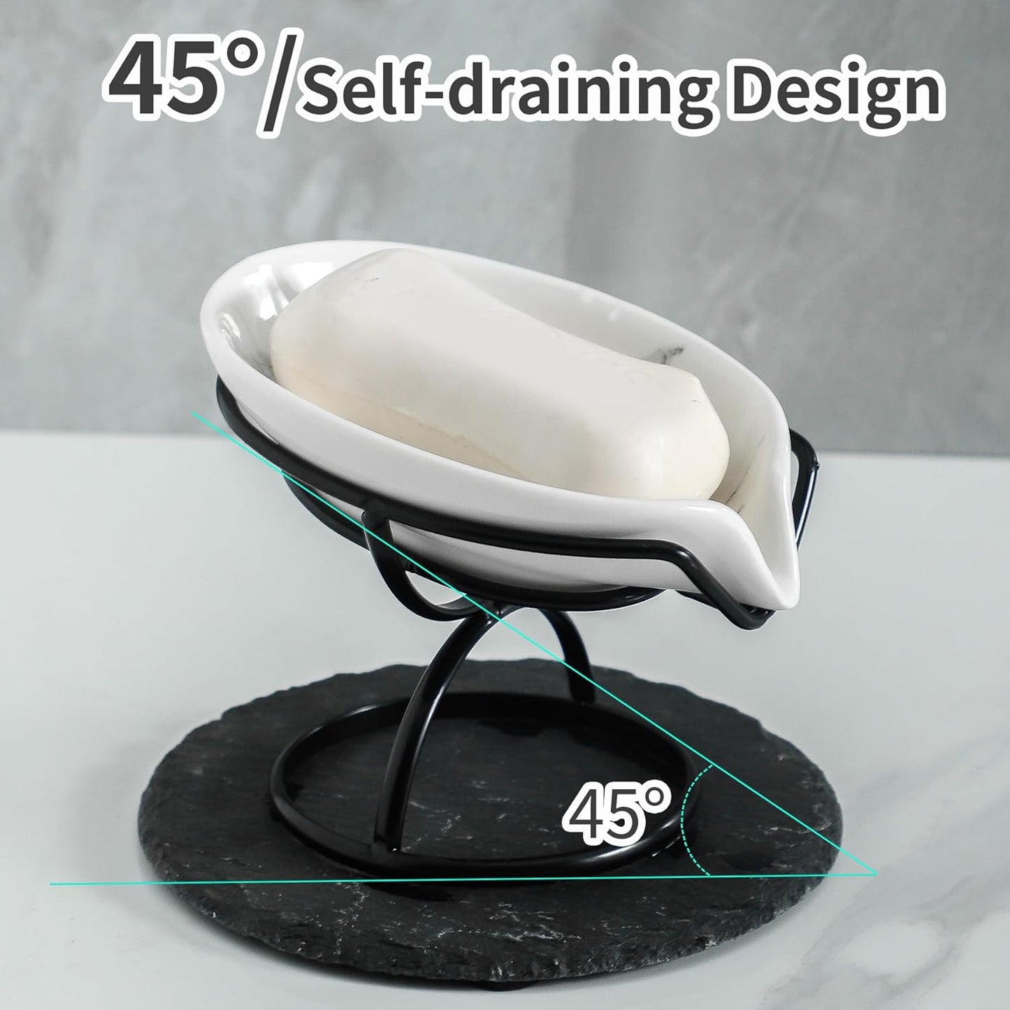 Leaf-Shaped Soap Dish – Premium Ceramic Soap Bar Holder with Self-Drainage System – Bar Soap Holder for Shower, Bathroom Sink, Kitchen – Waterfall Soap Dish with Stainless Steel Stand (Black)